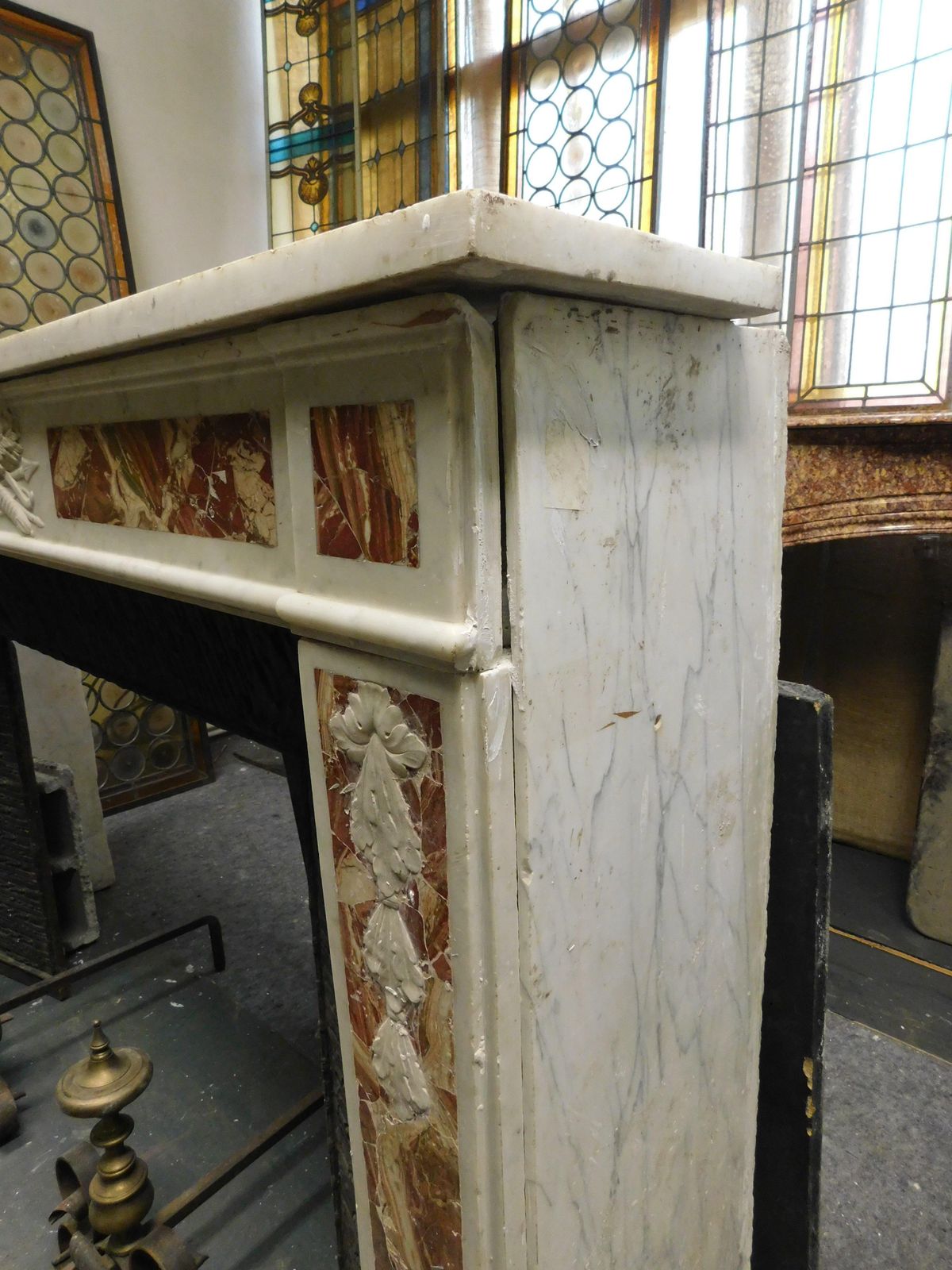 4247.0 White Carrara Marble Mantle Fireplace With Red Inlays, Louis XVI, France photo