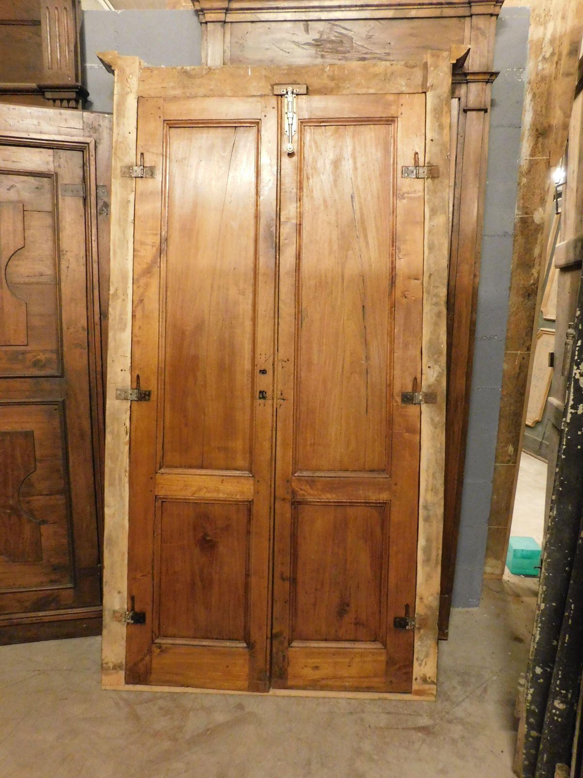 Double Leaf Door, In Poplar Wood With Carved Panels And Frame, Italy photo vintage