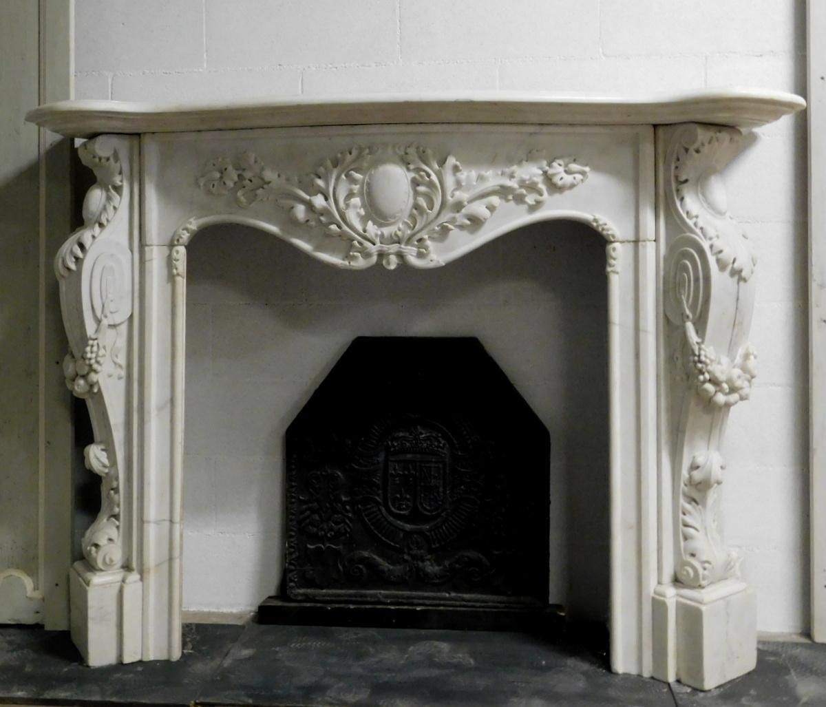 Majestic Statuary Fireplace In White Carrara Marble, Richly Carved, France photo for sale