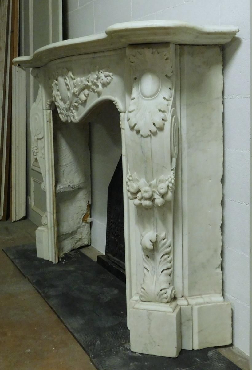 Majestic Statuary Fireplace In White Carrara Marble, Richly Carved, France photo vintage
