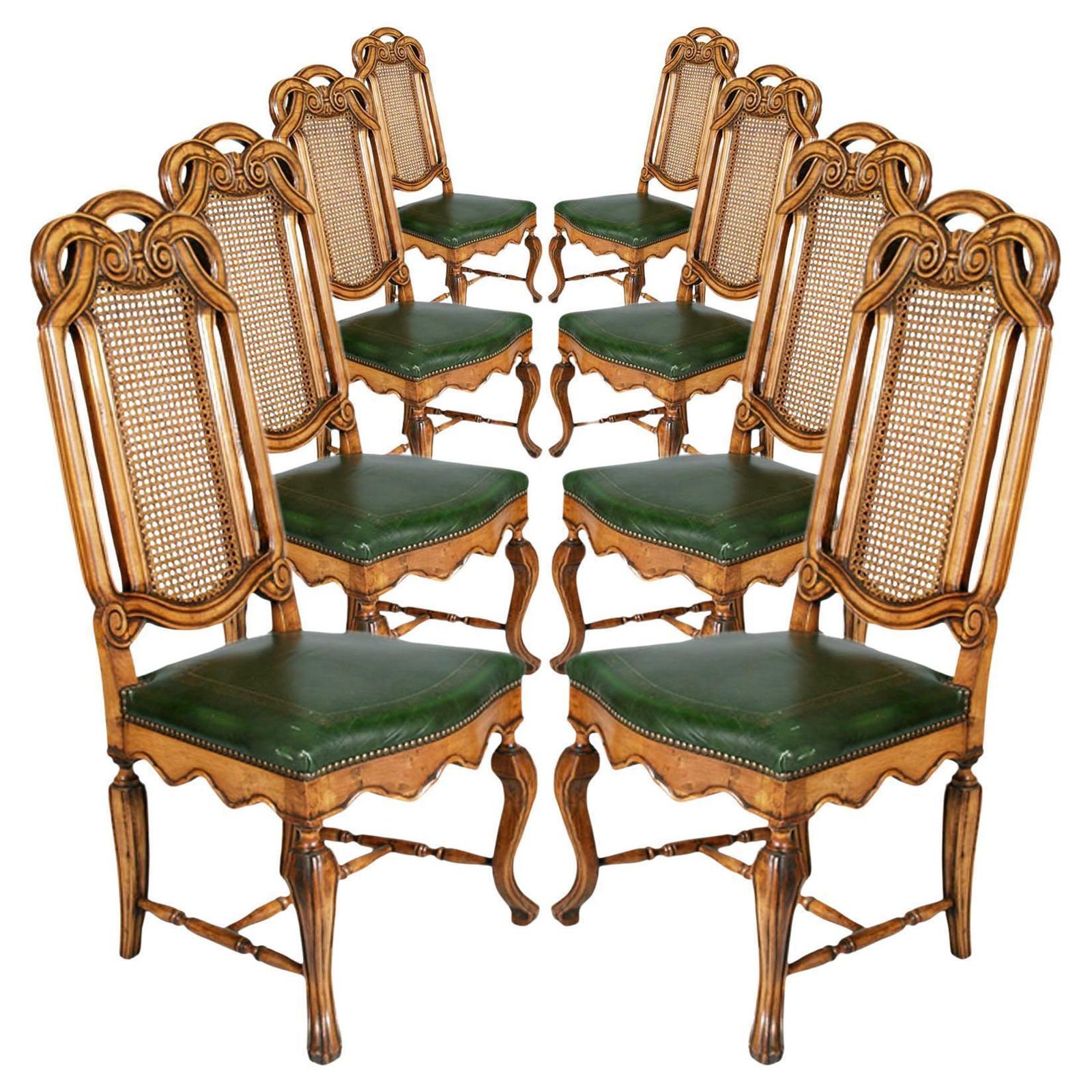 Eight Venetian Chippendale Palladian Chairs, In Walnut, Vienna Straw, Leather
