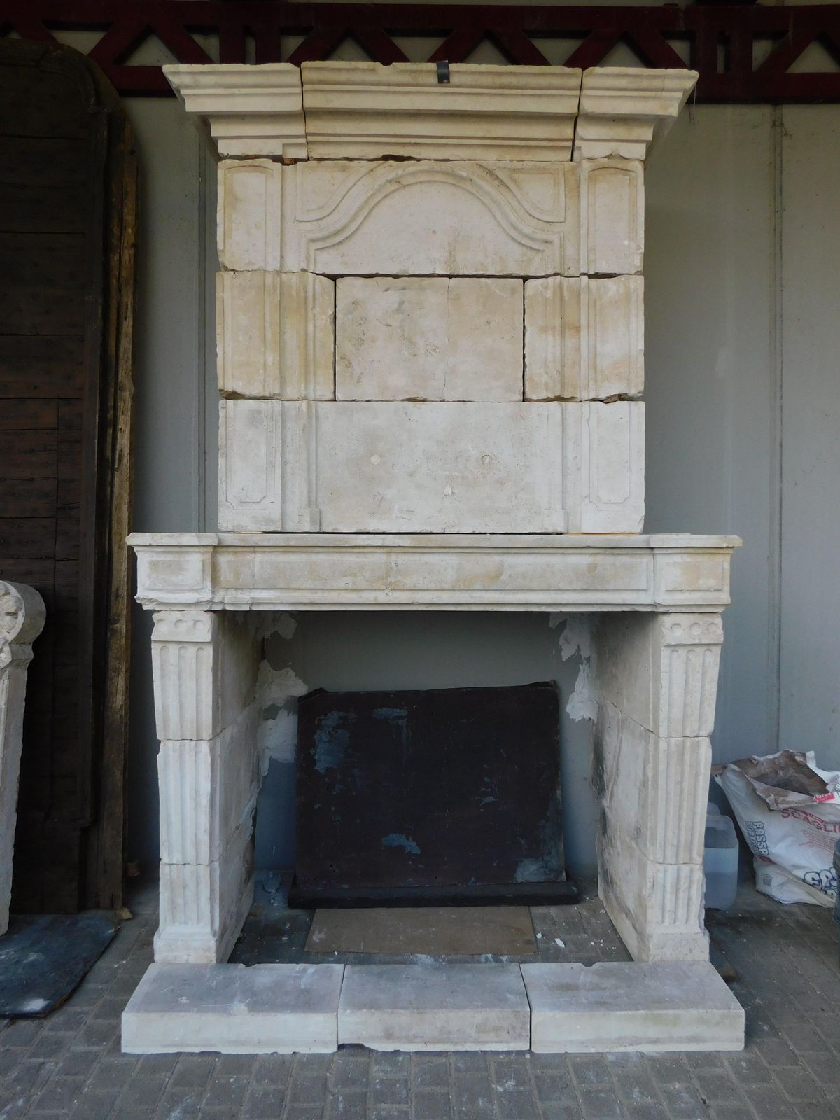 Burgundy Stone Mantel Fireplace, Carved Columns And Trumeau, France photo for sale