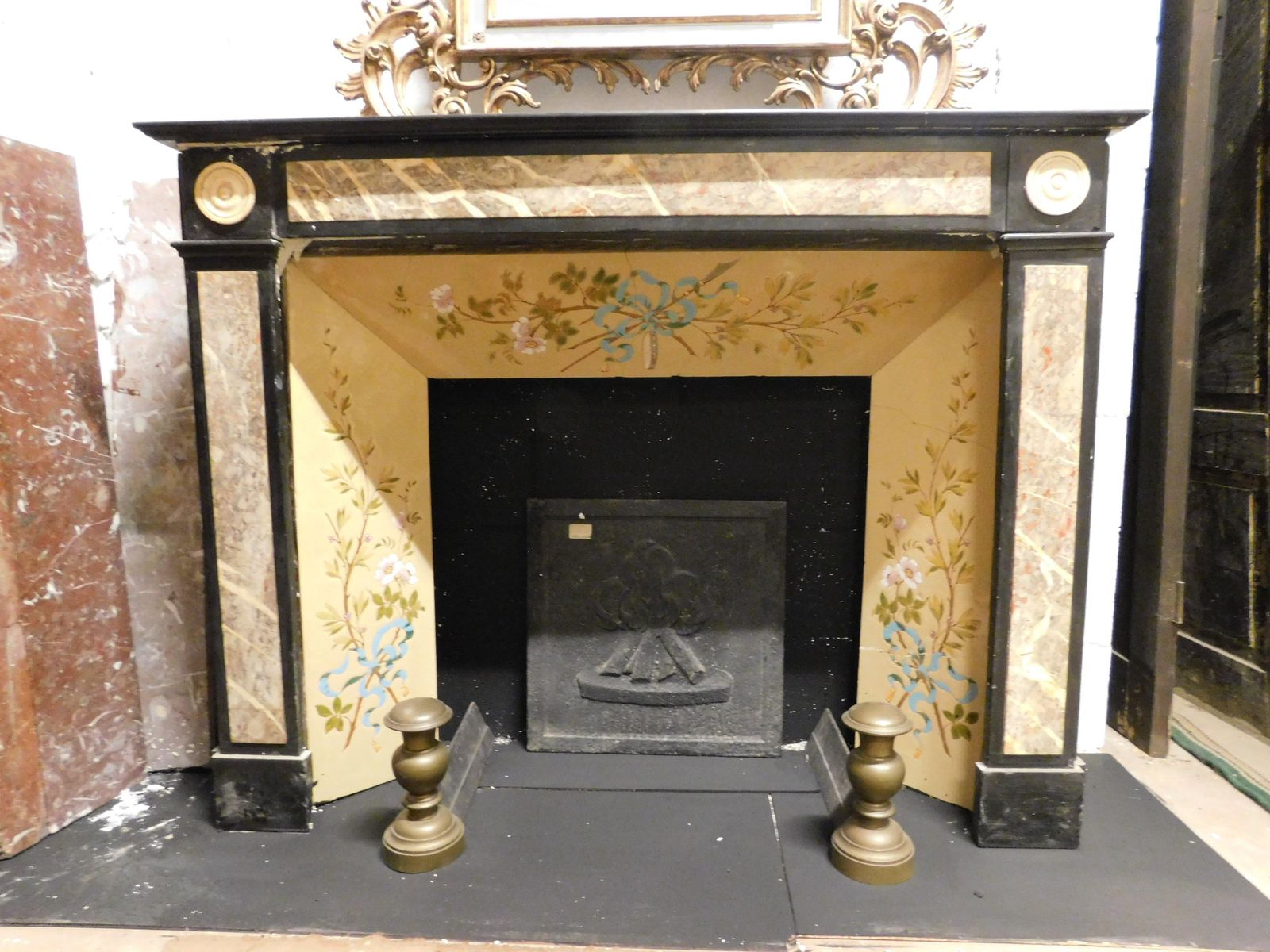 Fireplace Mantle In Black Marble With Beige Marble Inlays, Italy photo for sale