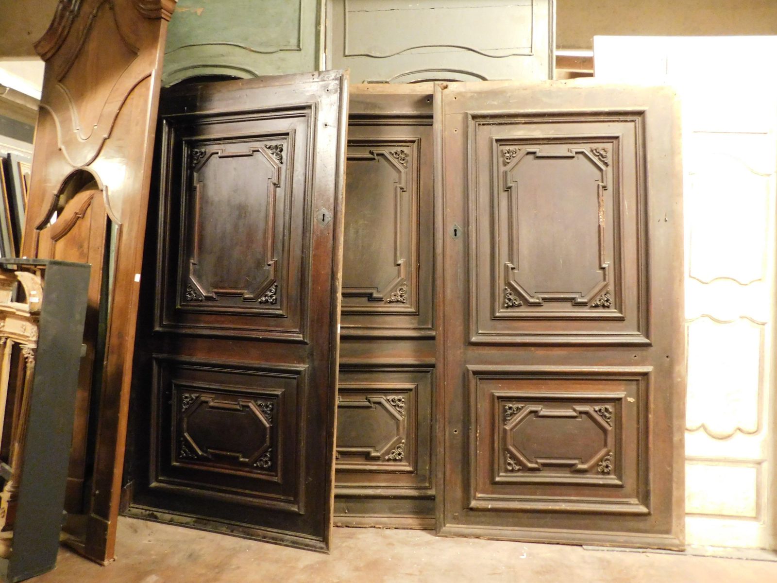 Set Of 3 Walnut Doors, Each With A Single Leaf With Carved Panels, Italy photo for sale