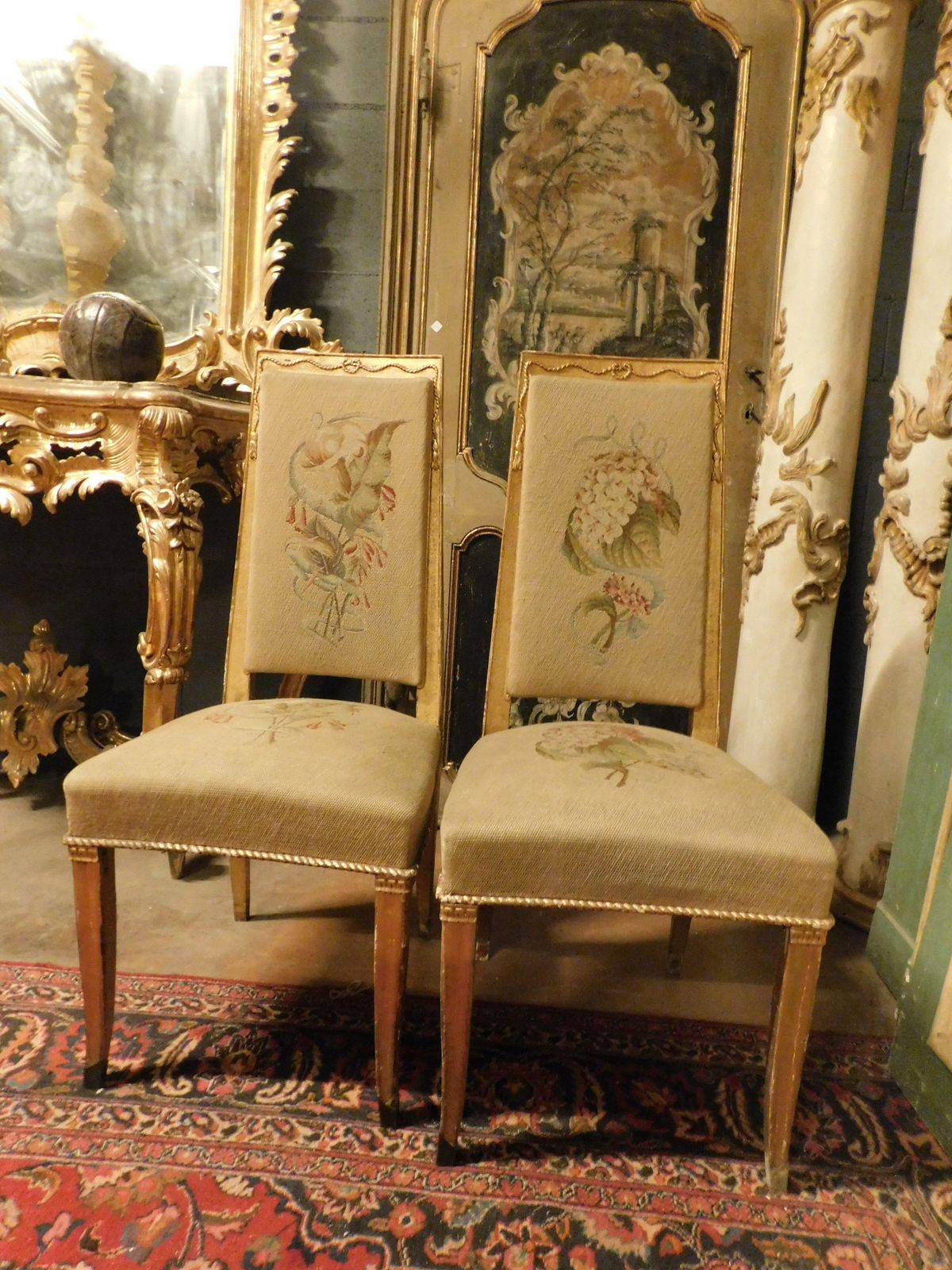 Pair Of Gilded Wooden Chairs. With Embroidered Fabric, Italy photo for sale