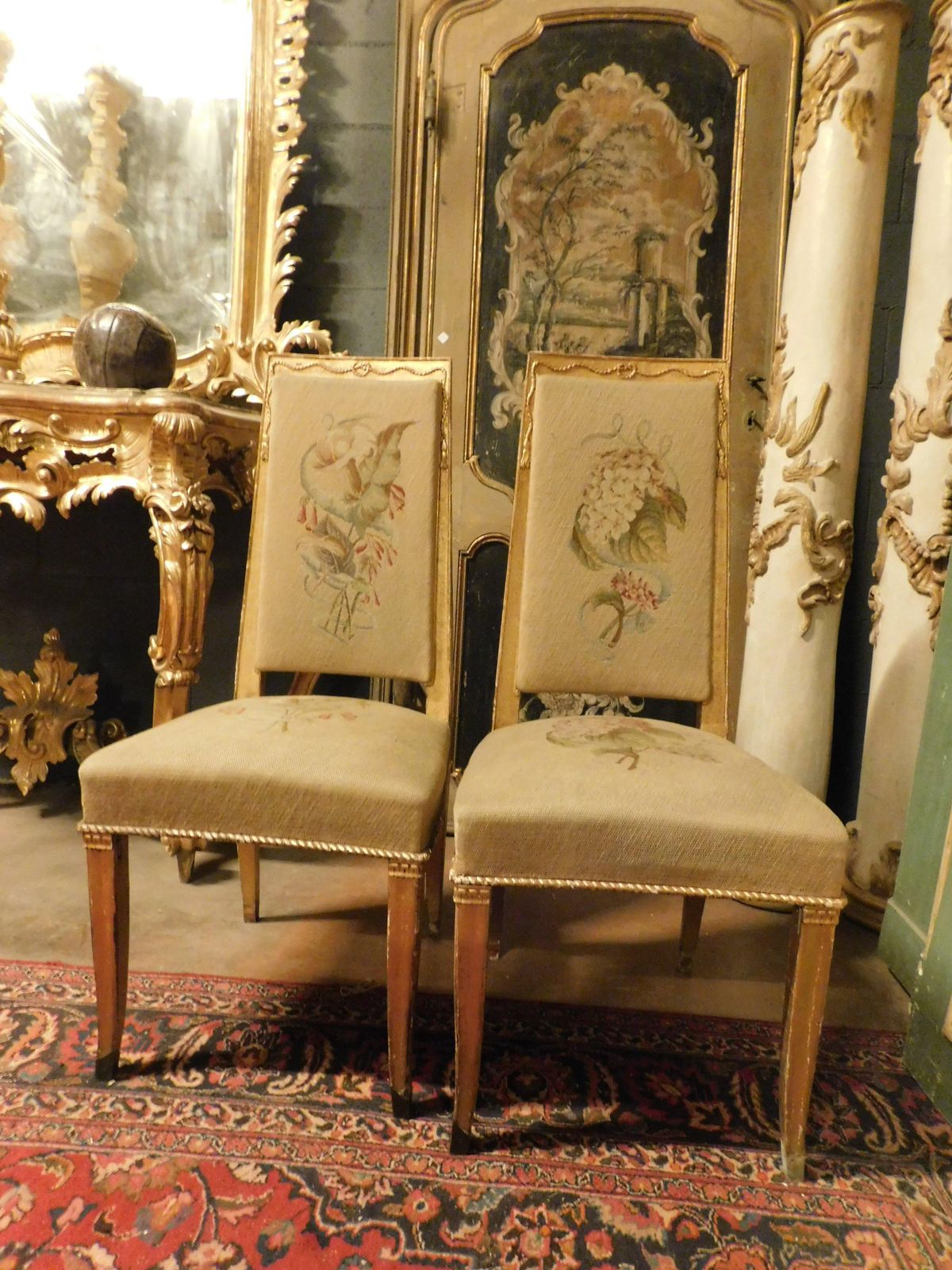 Pair Of Gilded Wooden Chairs. With Embroidered Fabric, Italy photo Furniture