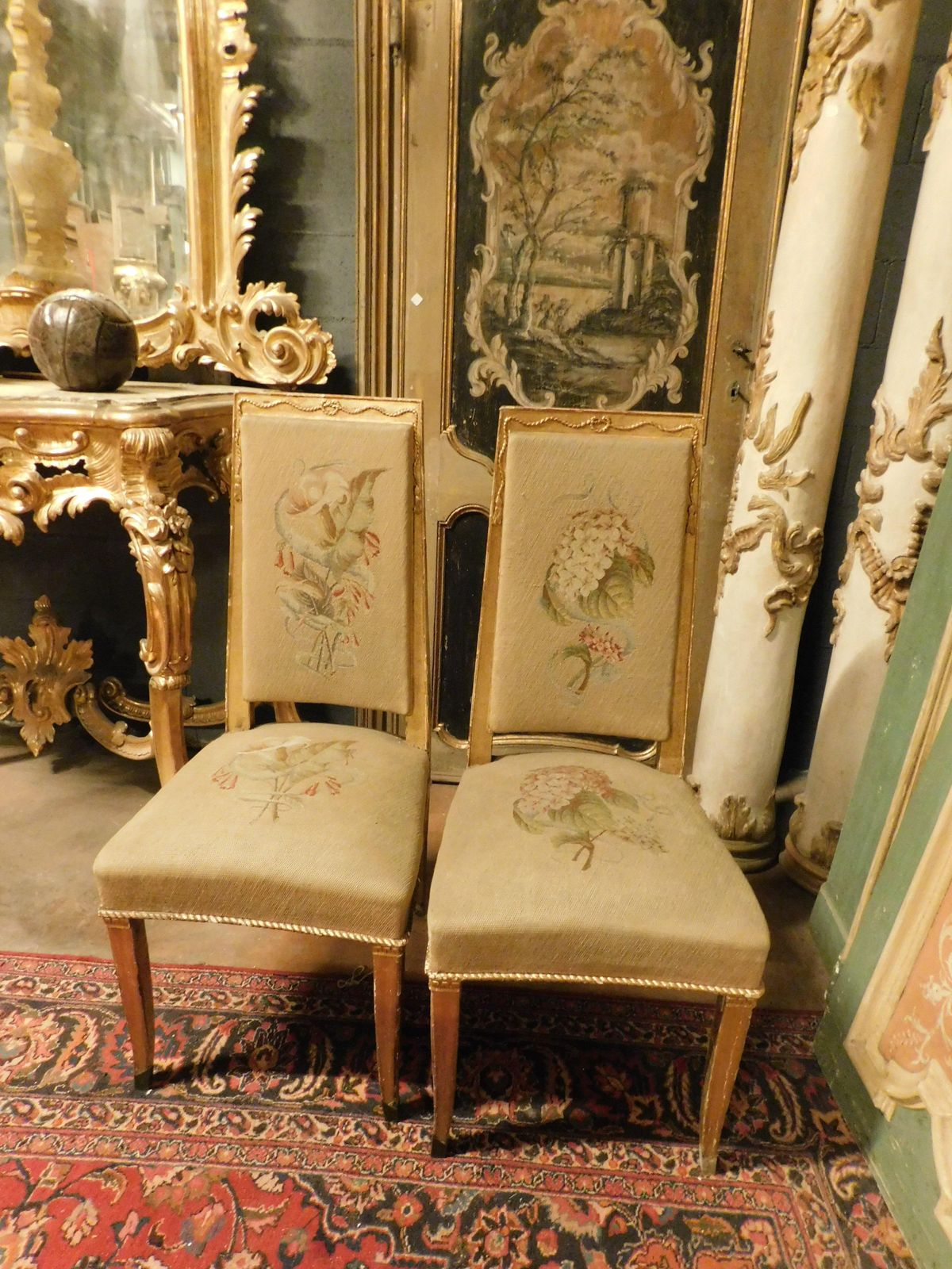 Pair Of Gilded Wooden Chairs. With Embroidered Fabric, Italy photo 1062.0