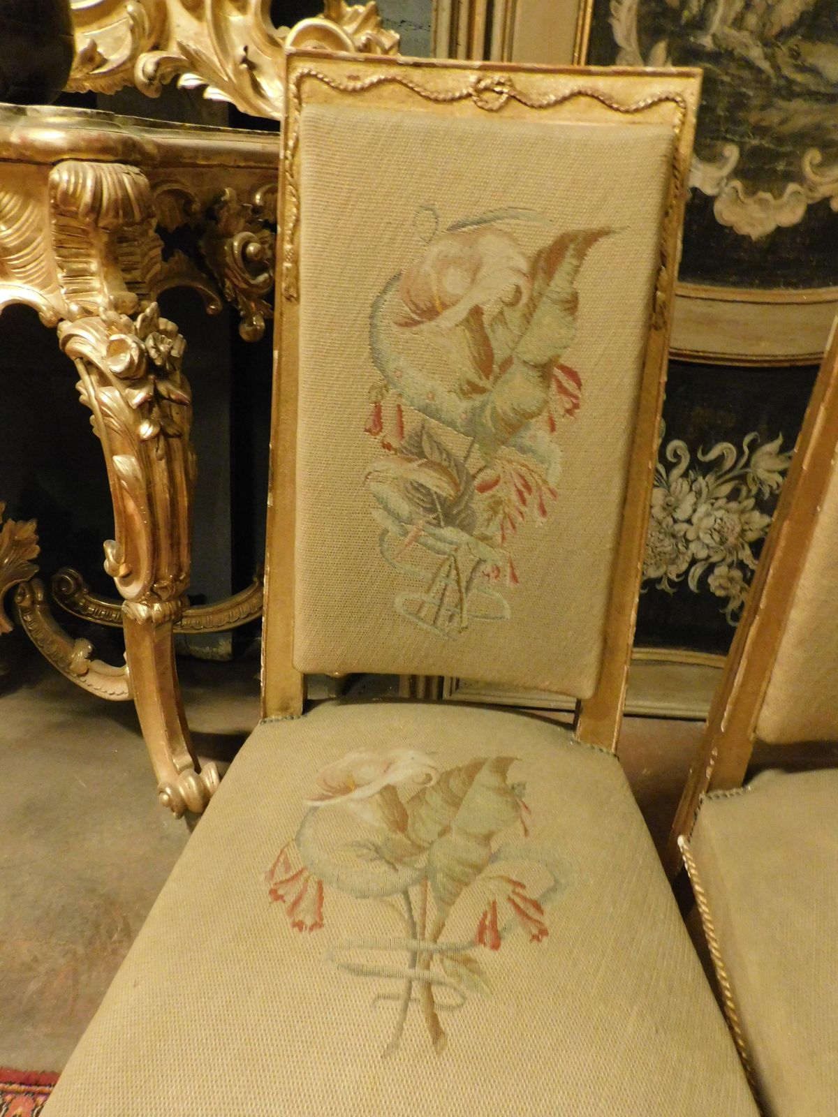 Pair Of Gilded Wooden Chairs. With Embroidered Fabric, Italy photo buy