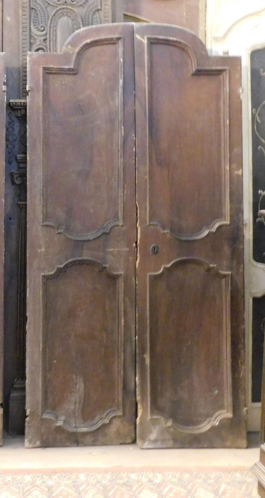 Walnut Wood Door Arched, Two Leaves With Carved Panels, Italy photo for sale