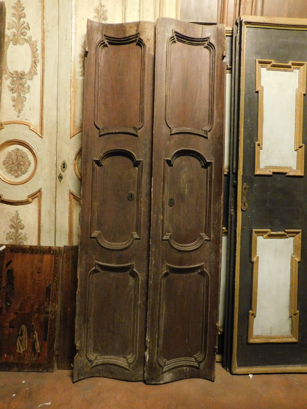 Particular Walnut Door, Double Jointed With Two Leaves And Carved Panels, Italy photo for sale