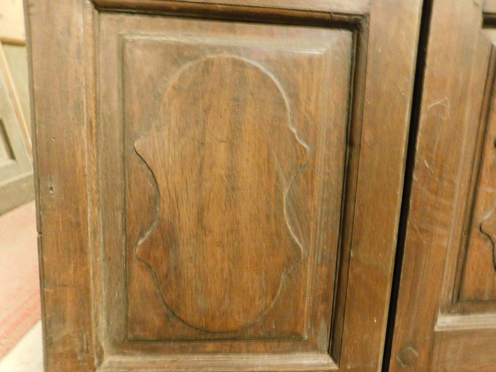 photo furniture Interior Door In Walnut Wood, Two Leaves With Carved Panels, Italy