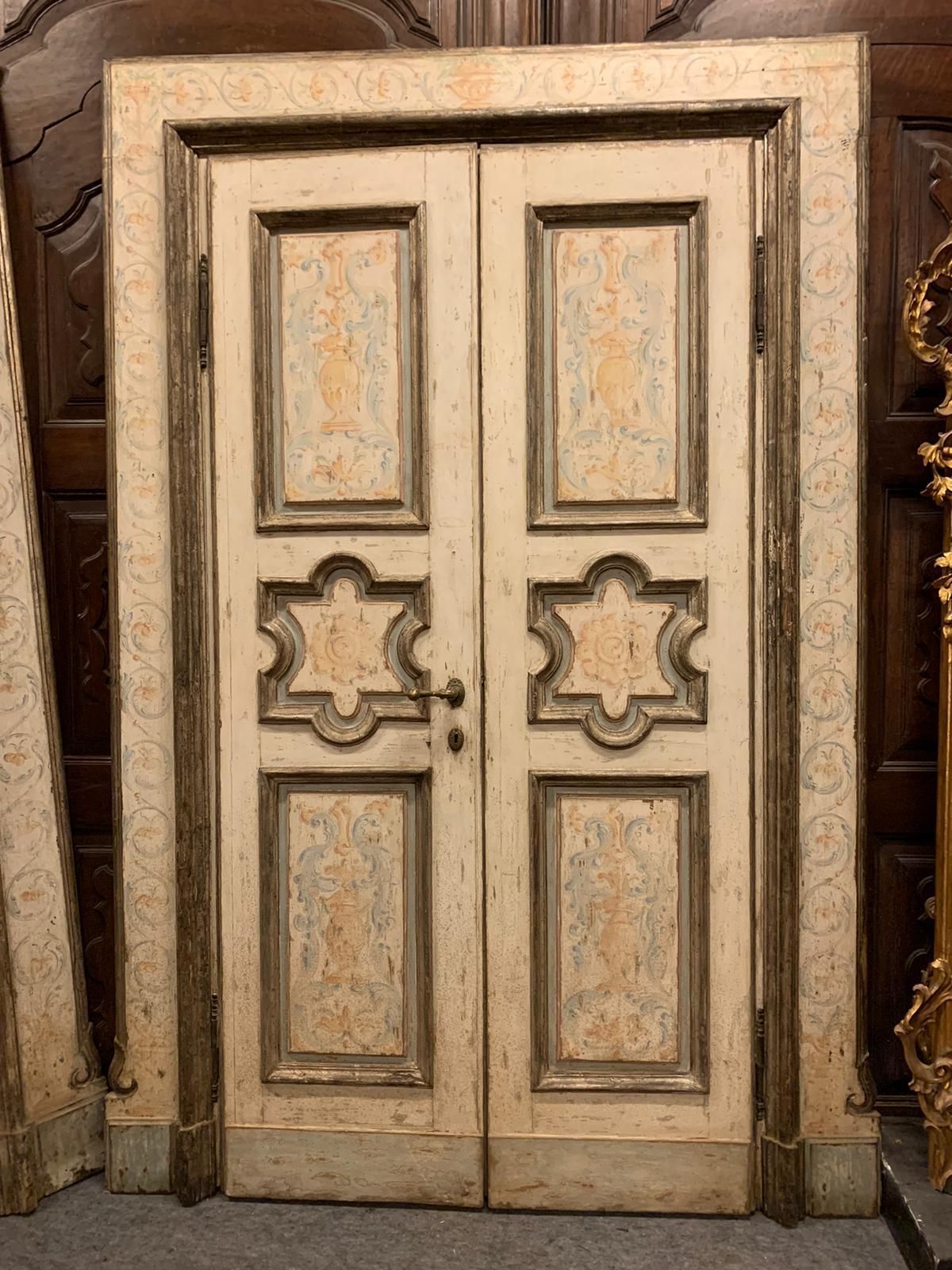 N.2 Lacquered Wooden Doors, Two Leaves With Carved And Painted Panels, Italy photo vintage