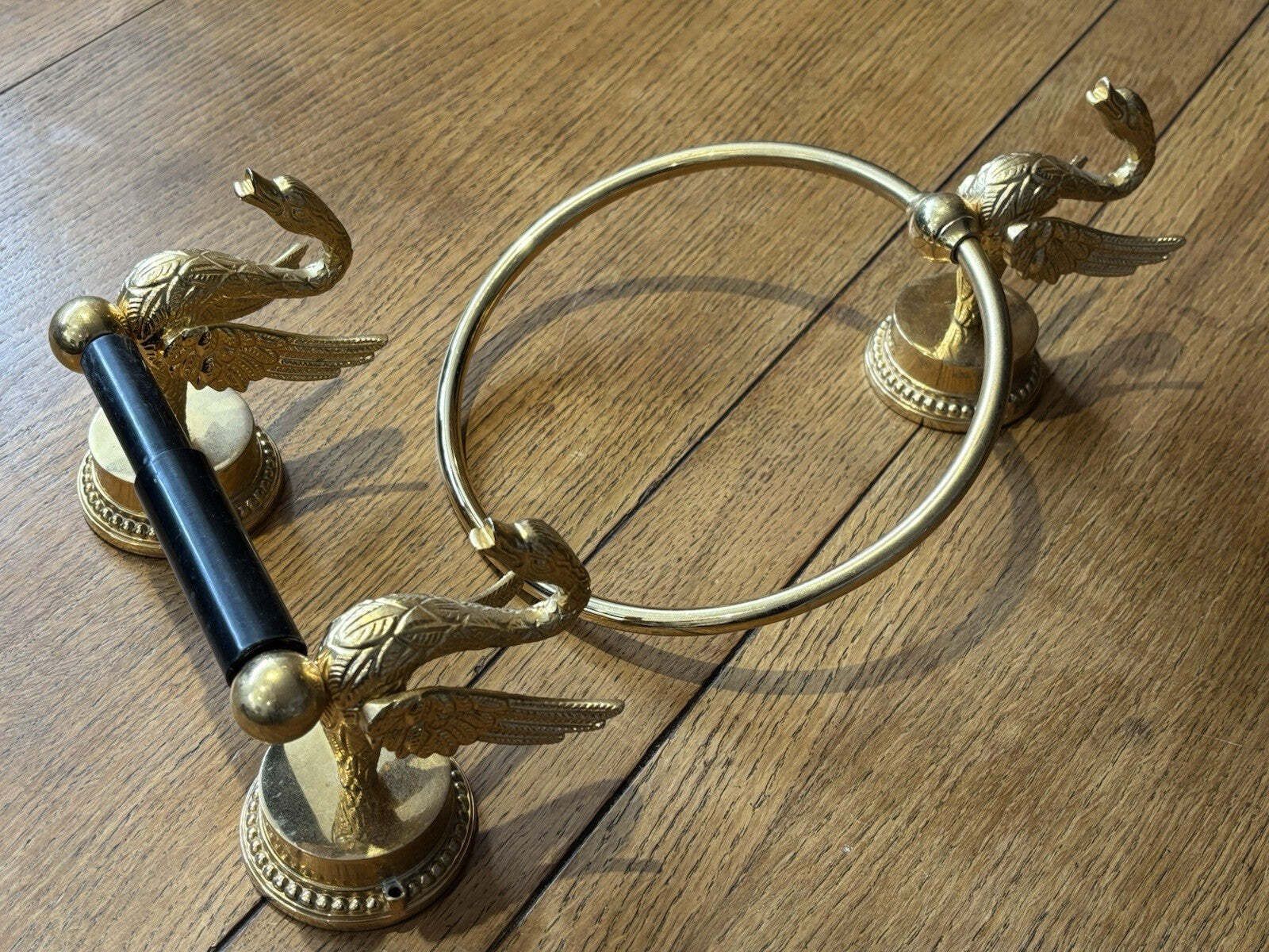 Vintage 1970's Gold Plated Swan Towel Holder And Toilet Roll Holder photo vinterior
