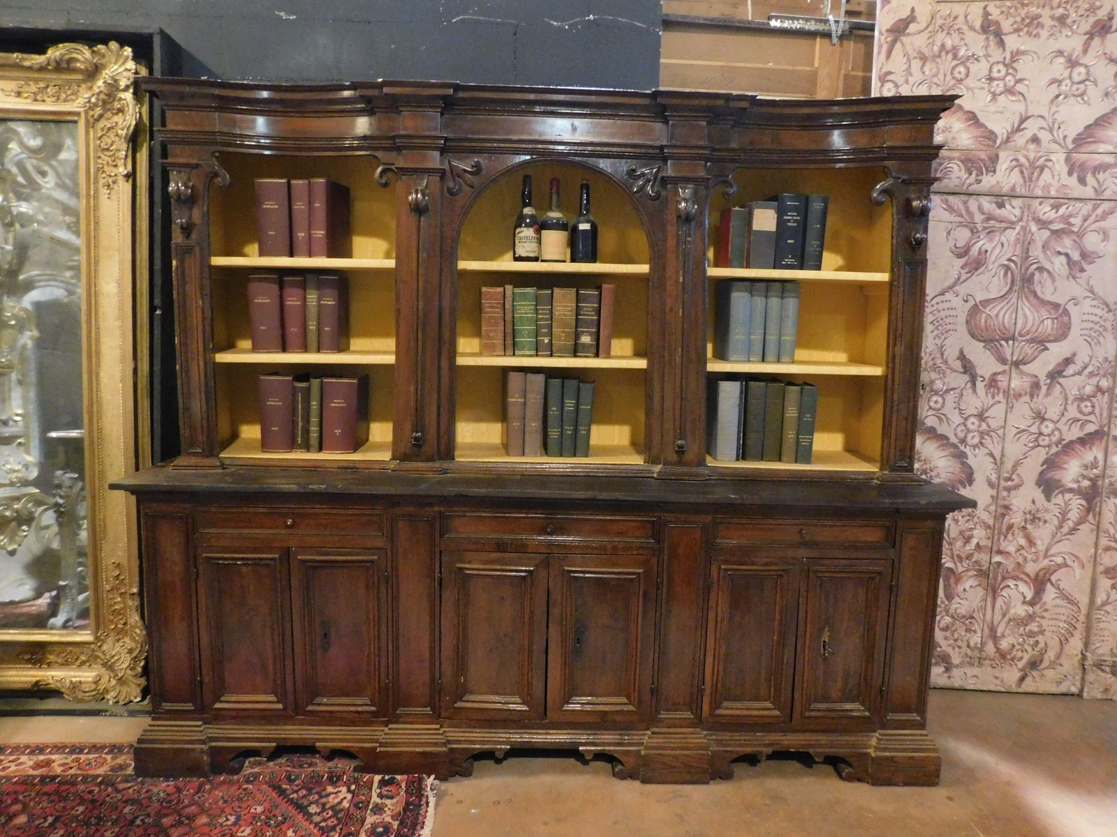 Walnut Bookcase With Carved Columns, Doors And Open Shelves, Italy photo for sale