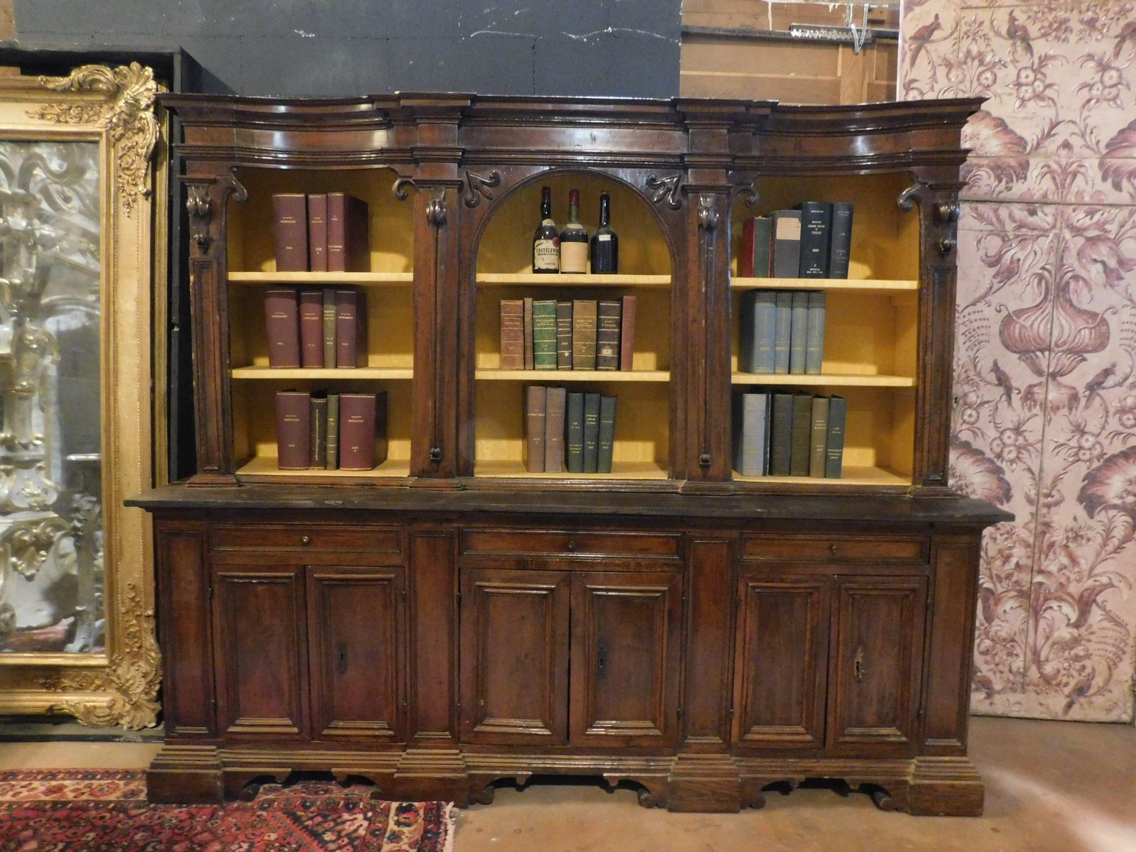 Walnut Bookcase With Carved Columns, Doors And Open Shelves, Italy photo Furniture