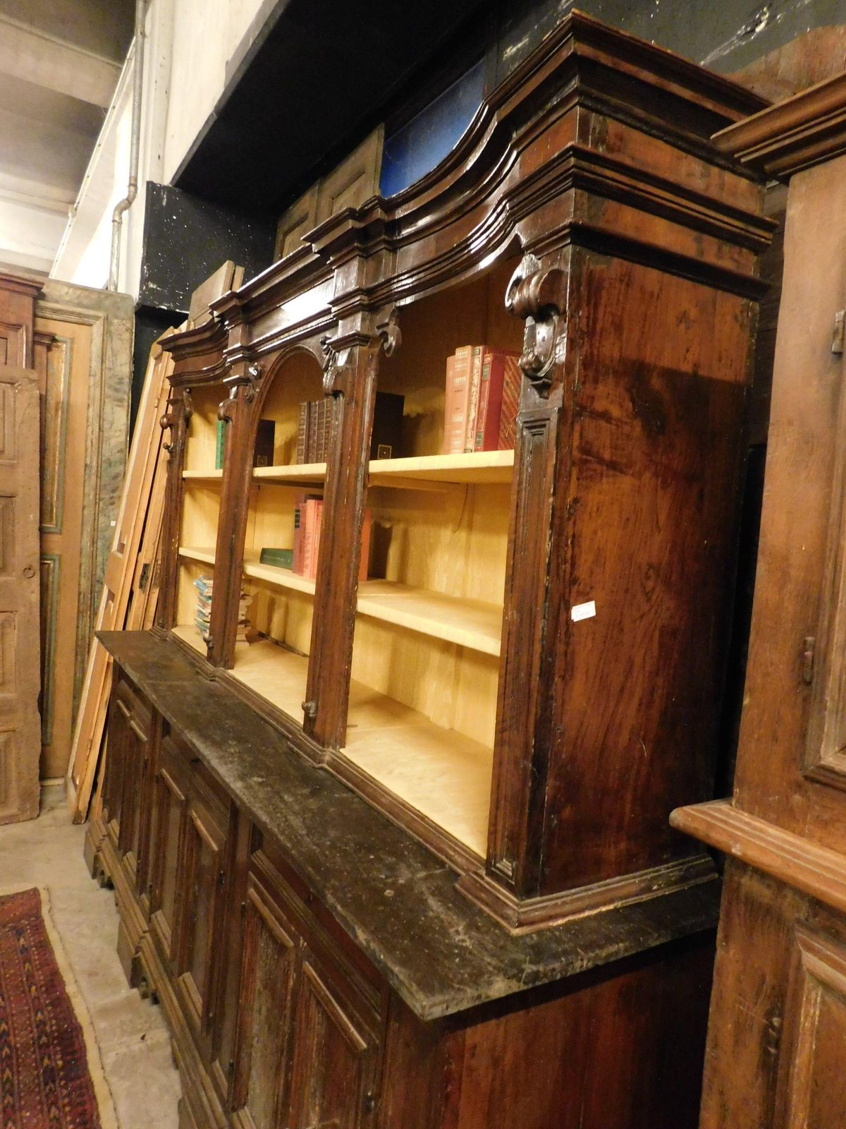 Furniture Walnut Bookcase With Carved Columns, Doors And Open Shelves, Italy photo