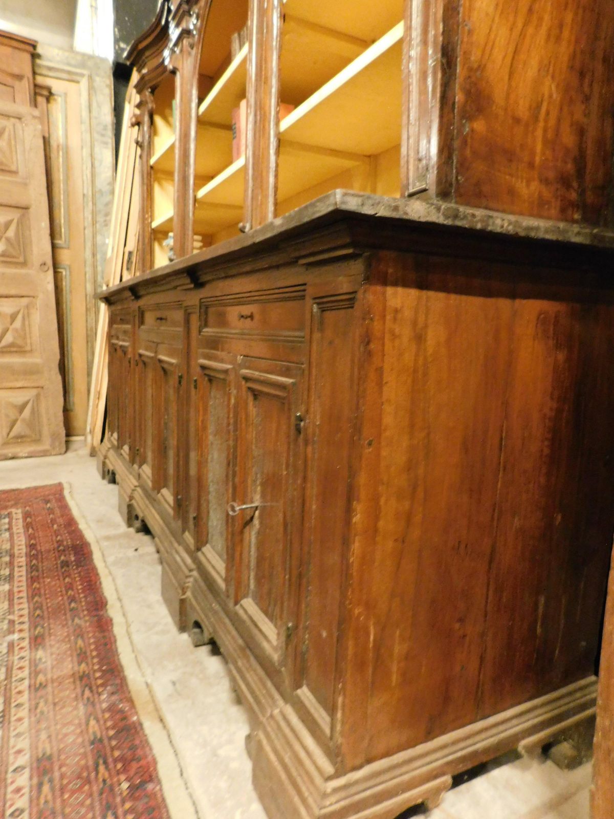 5309.0 Walnut Bookcase With Carved Columns, Doors And Open Shelves, Italy photo