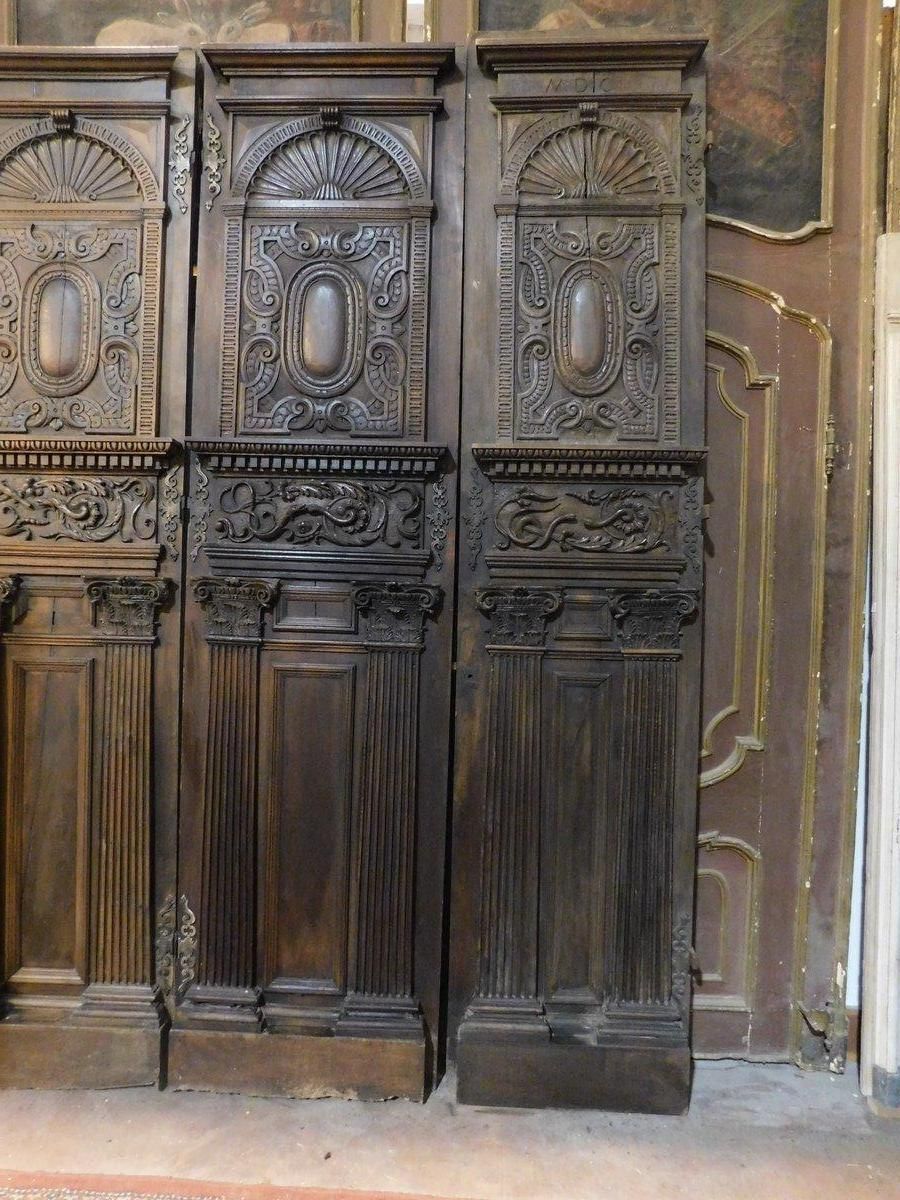 Set Of 2 Entrance Doors, Main Doors In Richly Carved Walnut Wood, Italy photo for sale