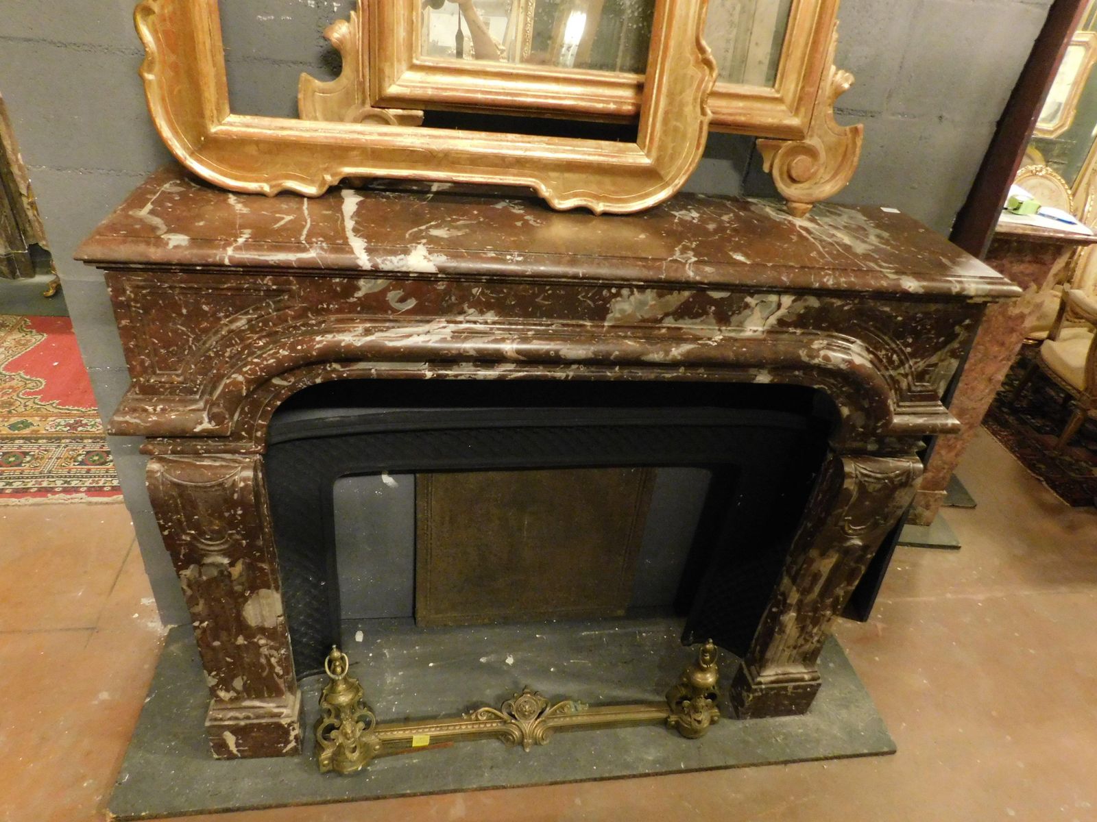 Mantle Fireplace, Carved In Veined Red Marble With Vents, France photo for sale