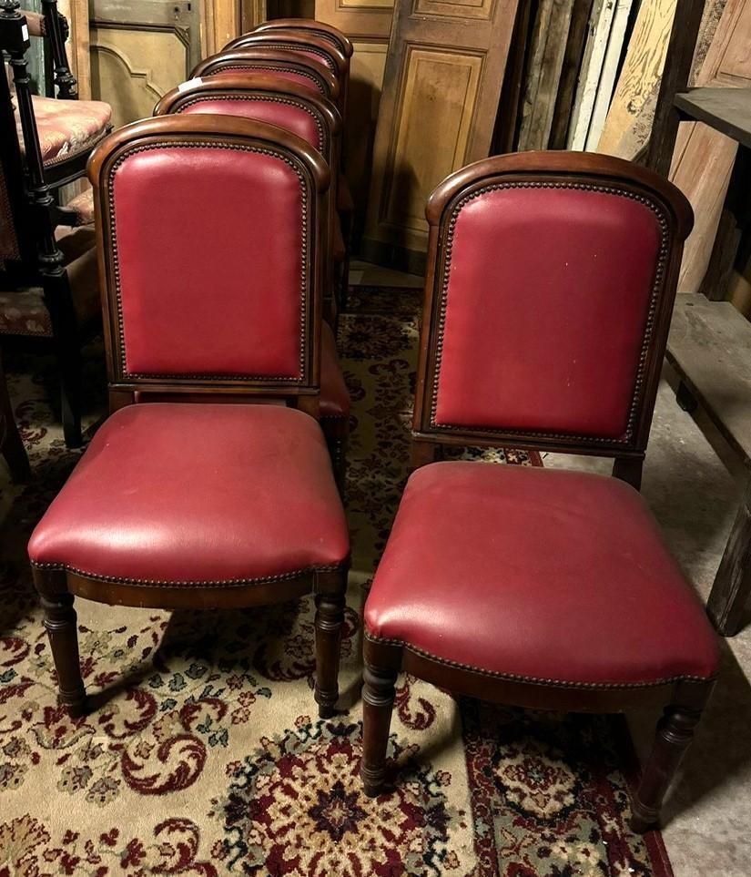 Set Of 6 Walnut Armchairs, Upholstered In Red Leather, From An Italian Theater photo Furniture
