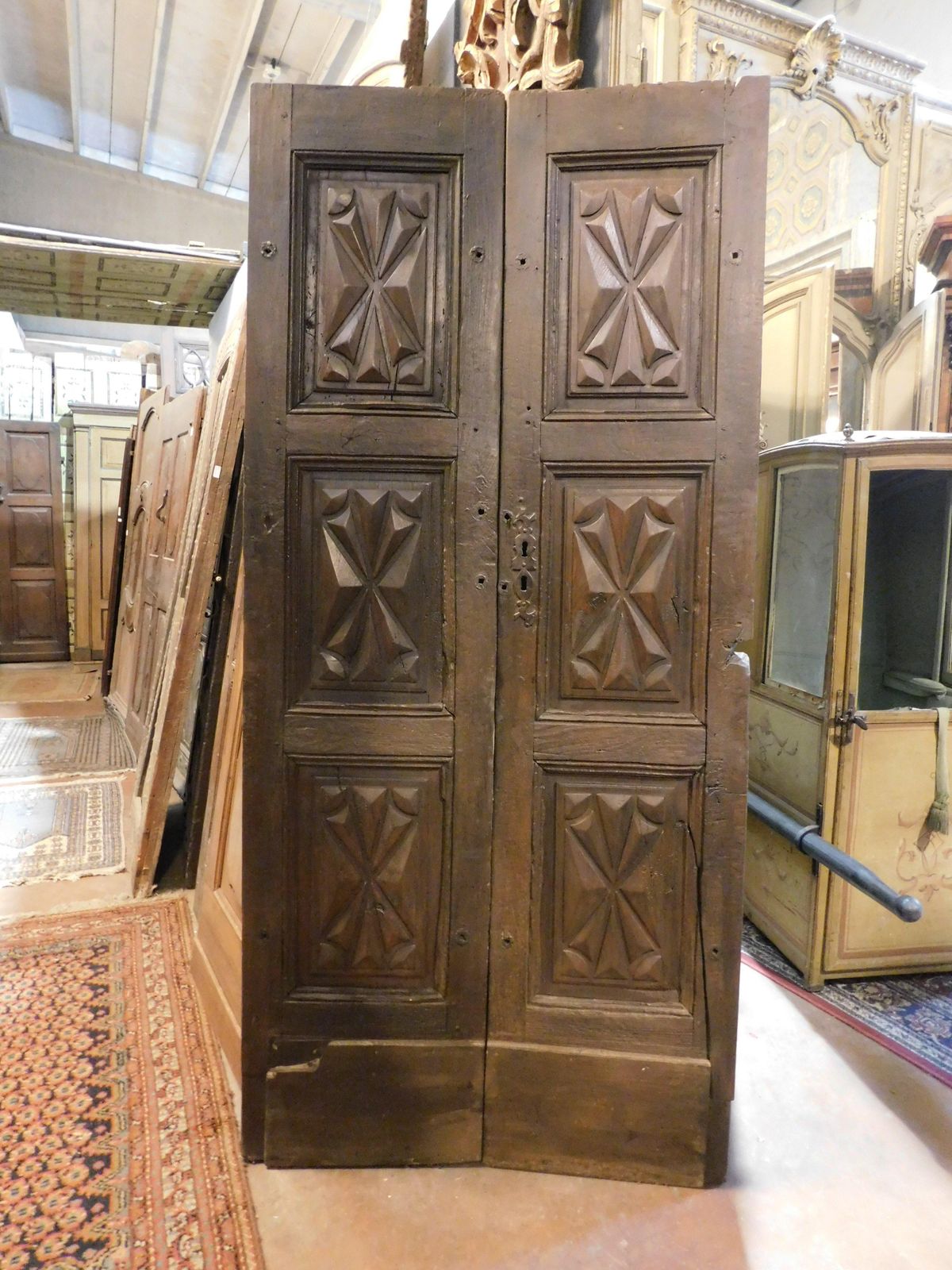 Walnut Door, Two Leaves With Diamond Point Carved Panels, From Milan Italy photo for sale