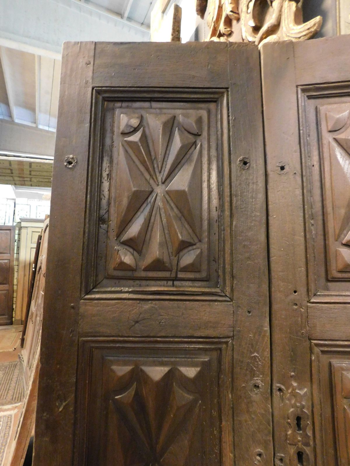 Walnut Door, Two Leaves With Diamond Point Carved Panels, From Milan Italy photo Home Fixtures
