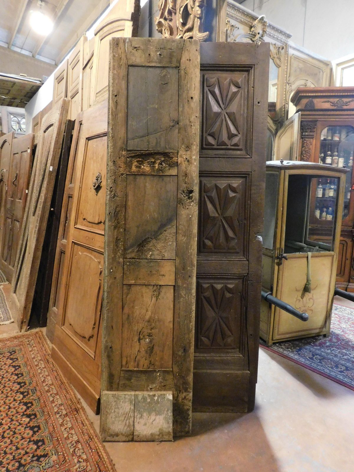 Walnut Door, Two Leaves With Diamond Point Carved Panels, From Milan Italy photo vintage