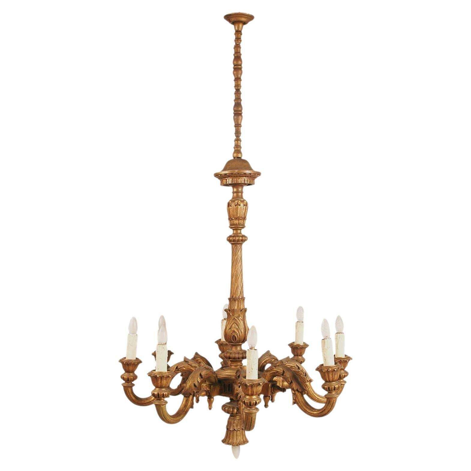 Large Florentine Baroque Chandelier In Hand Carved Walnut Gold Leaf, 9 Lights