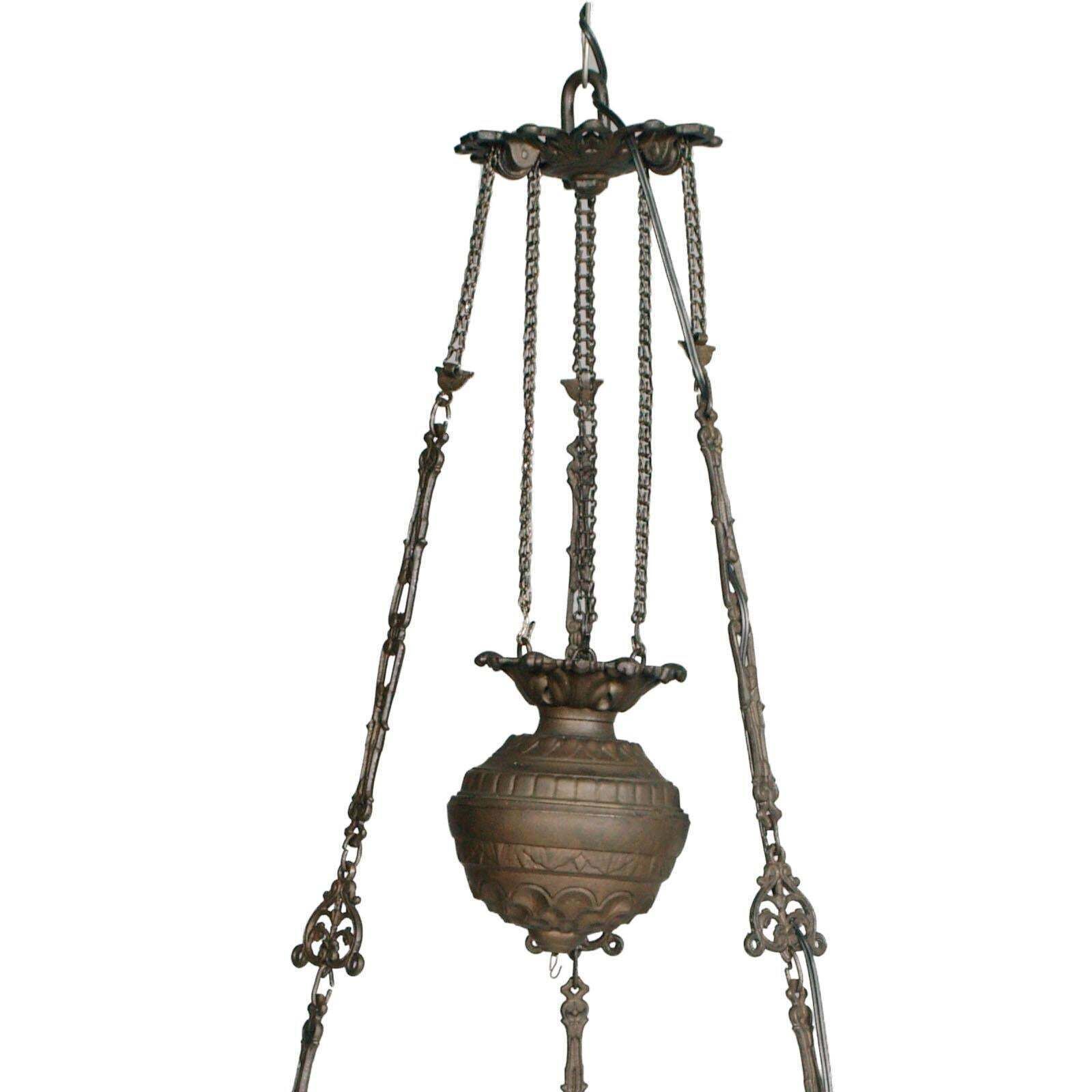 Antique Italian Chandelier, Electrified Old Oil Lamp, Murano Glass & Bronze photo for sale