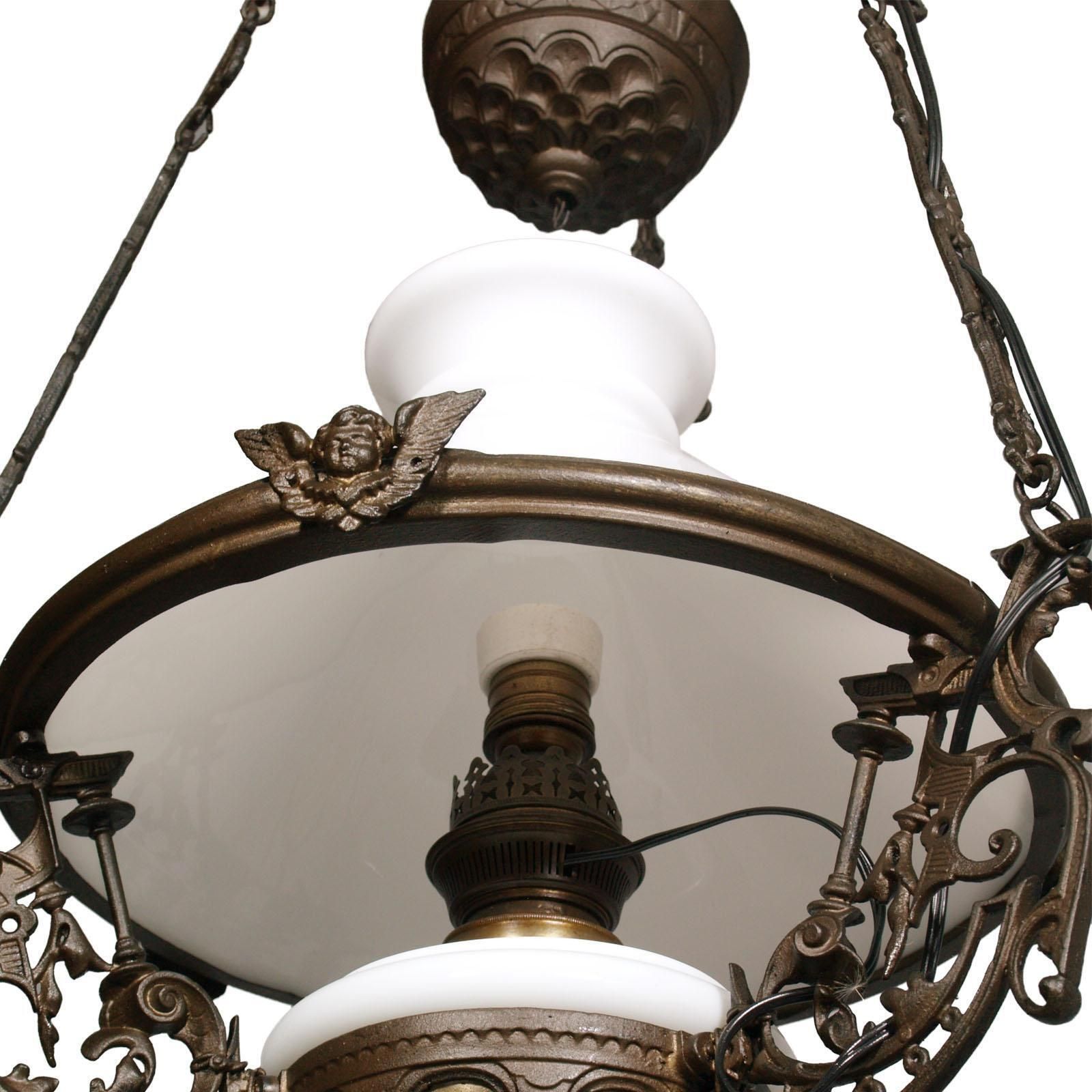 Antique Italian Chandelier, Electrified Old Oil Lamp, Murano Glass & Bronze photo 2634.0