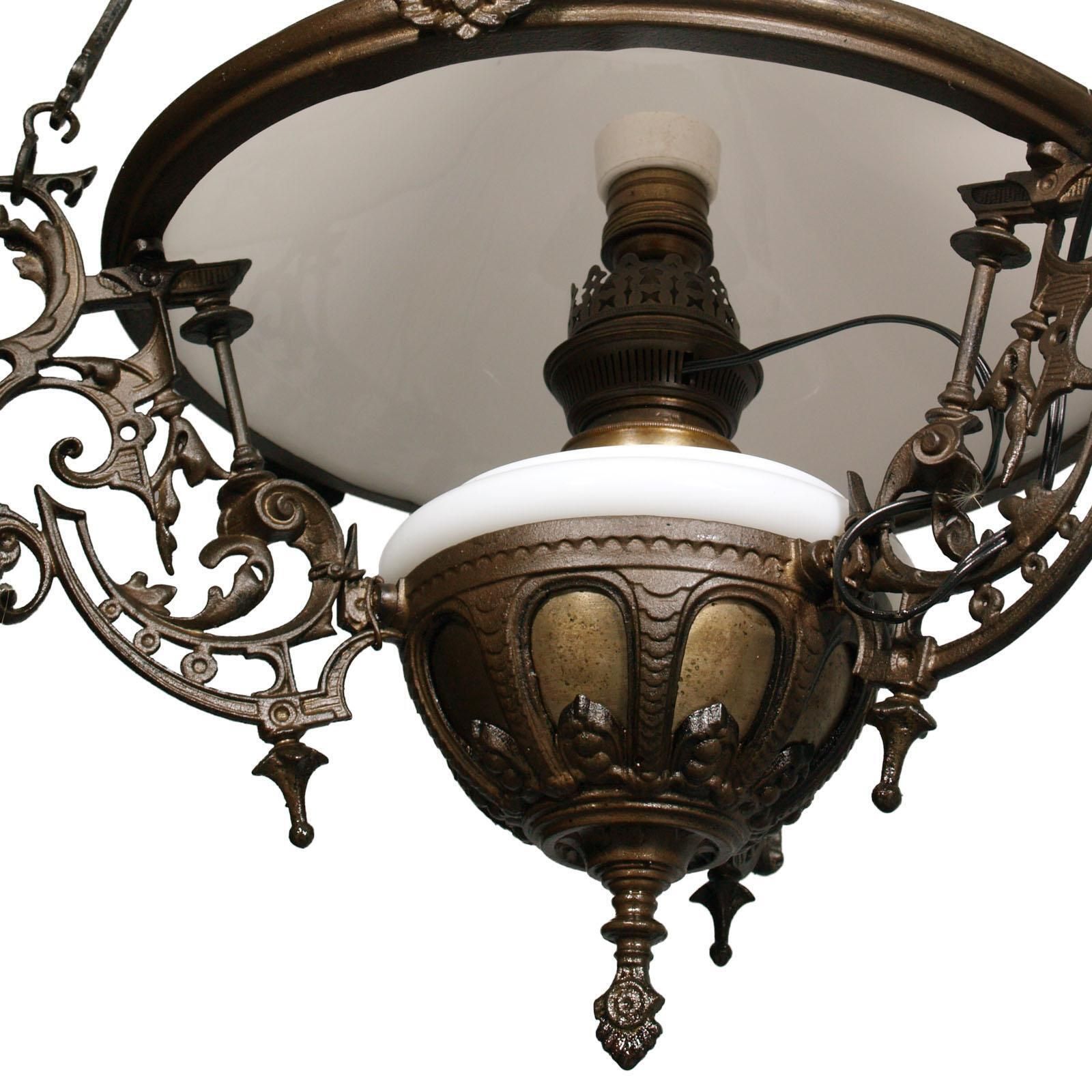 Antique Italian Chandelier, Electrified Old Oil Lamp, Murano Glass & Bronze photo vinterior