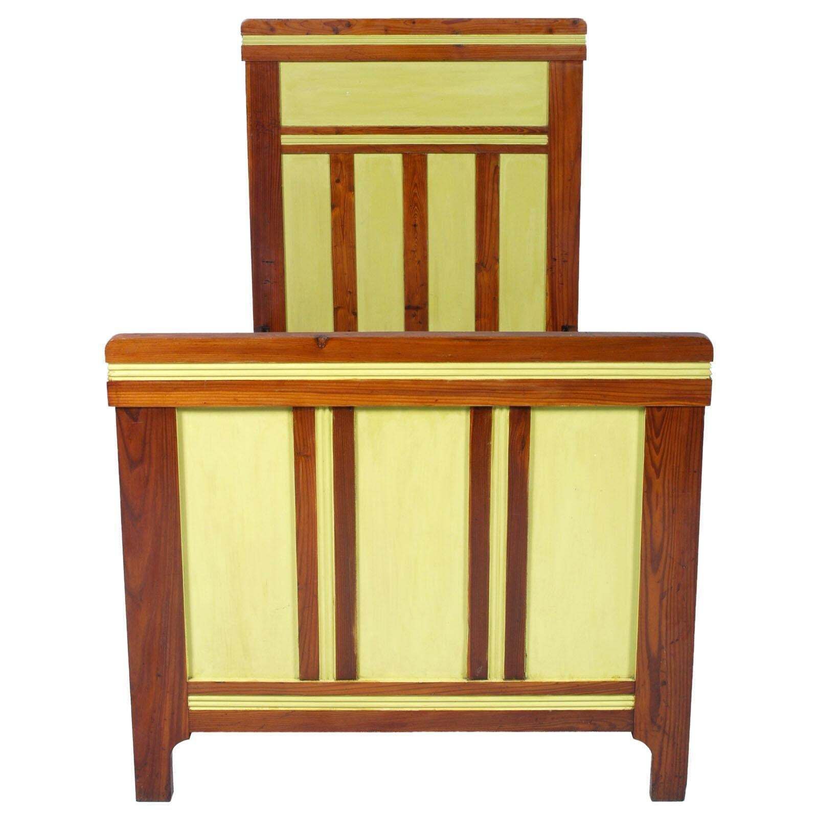 1920s Art Nouveau Country Single Carved And Painted Cherry Bed, Wax Polished photo furniture