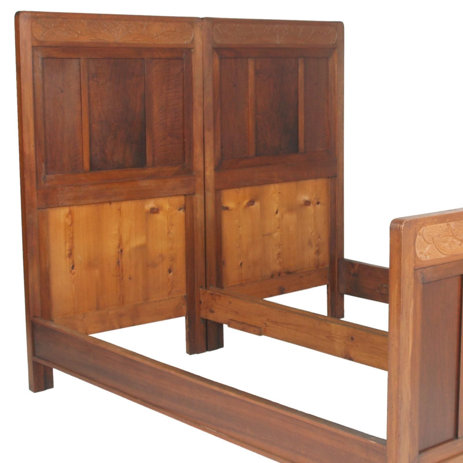 Antique Double Twin Bed, Art Nouveau, In Hand Carved Cherry Wood, Wax Polished photo furniture