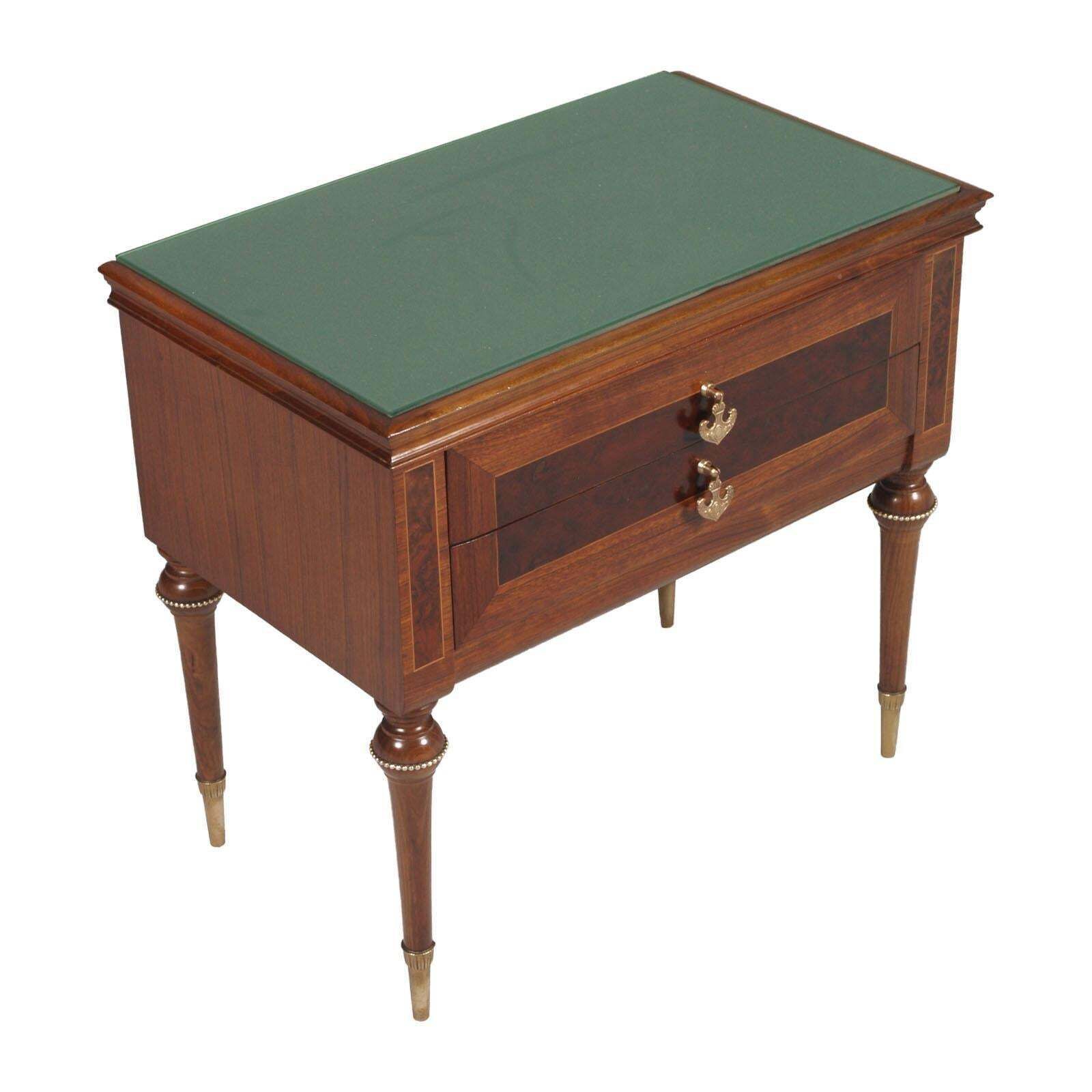 1950s Nightstands, Walnut Bicolor, Burl & Maple Inlaid Golden Brass Accessories photo furniture