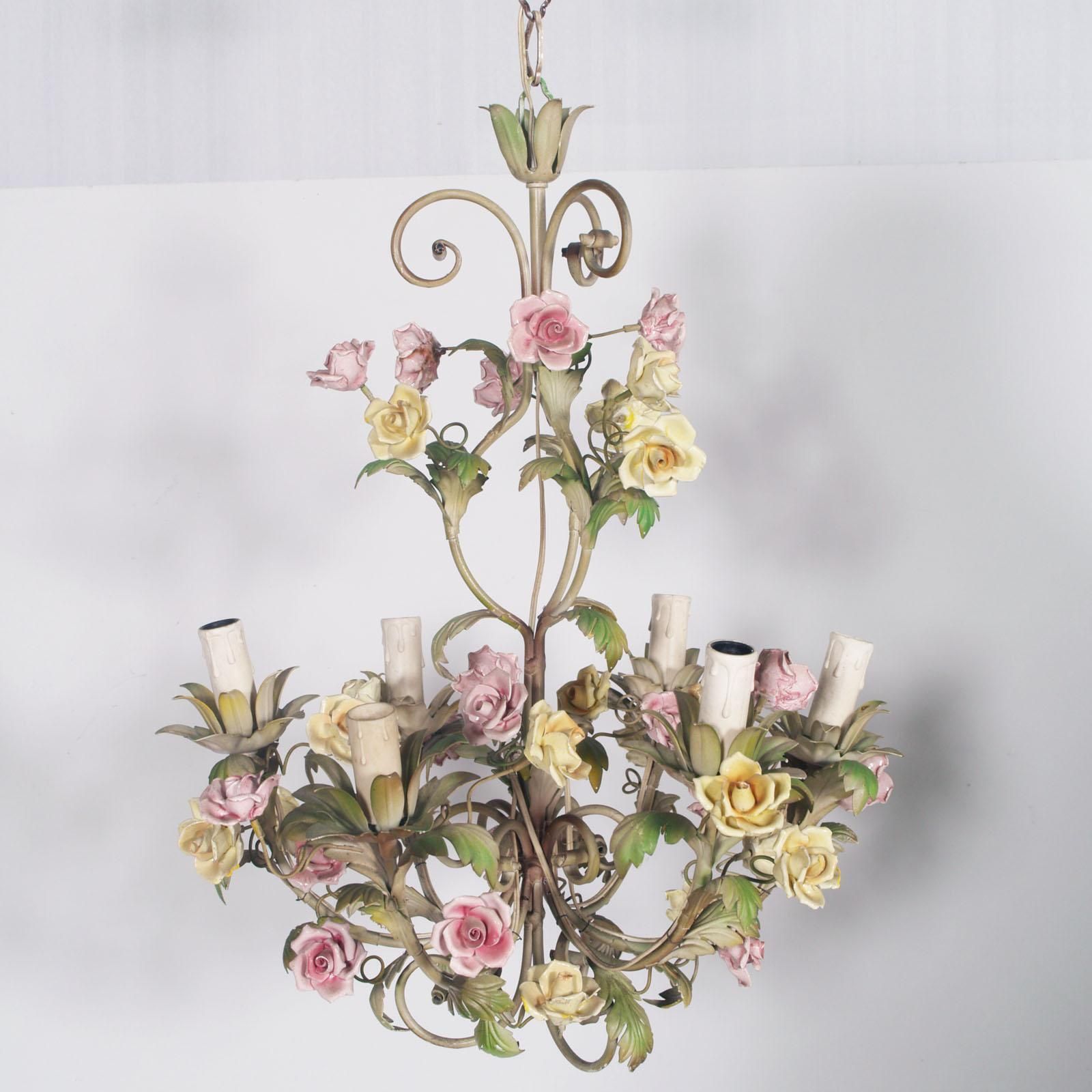 photo furniture Italian Art Nouveau Ceiling Chandelier Painted Iron & Polychrome Ceramic Bassano