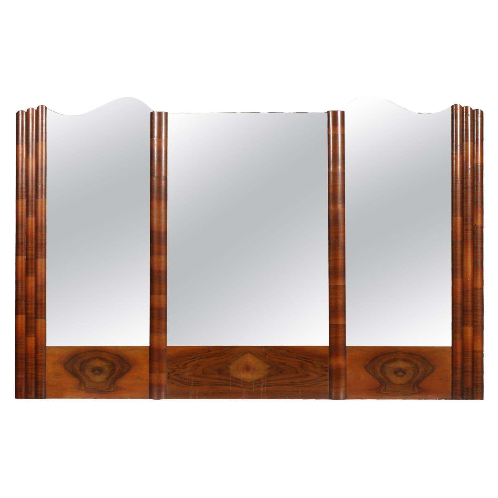 Italy Large Wall Mirror Art Deco, Burl Walnut, Excellent Conditions Wax Polished