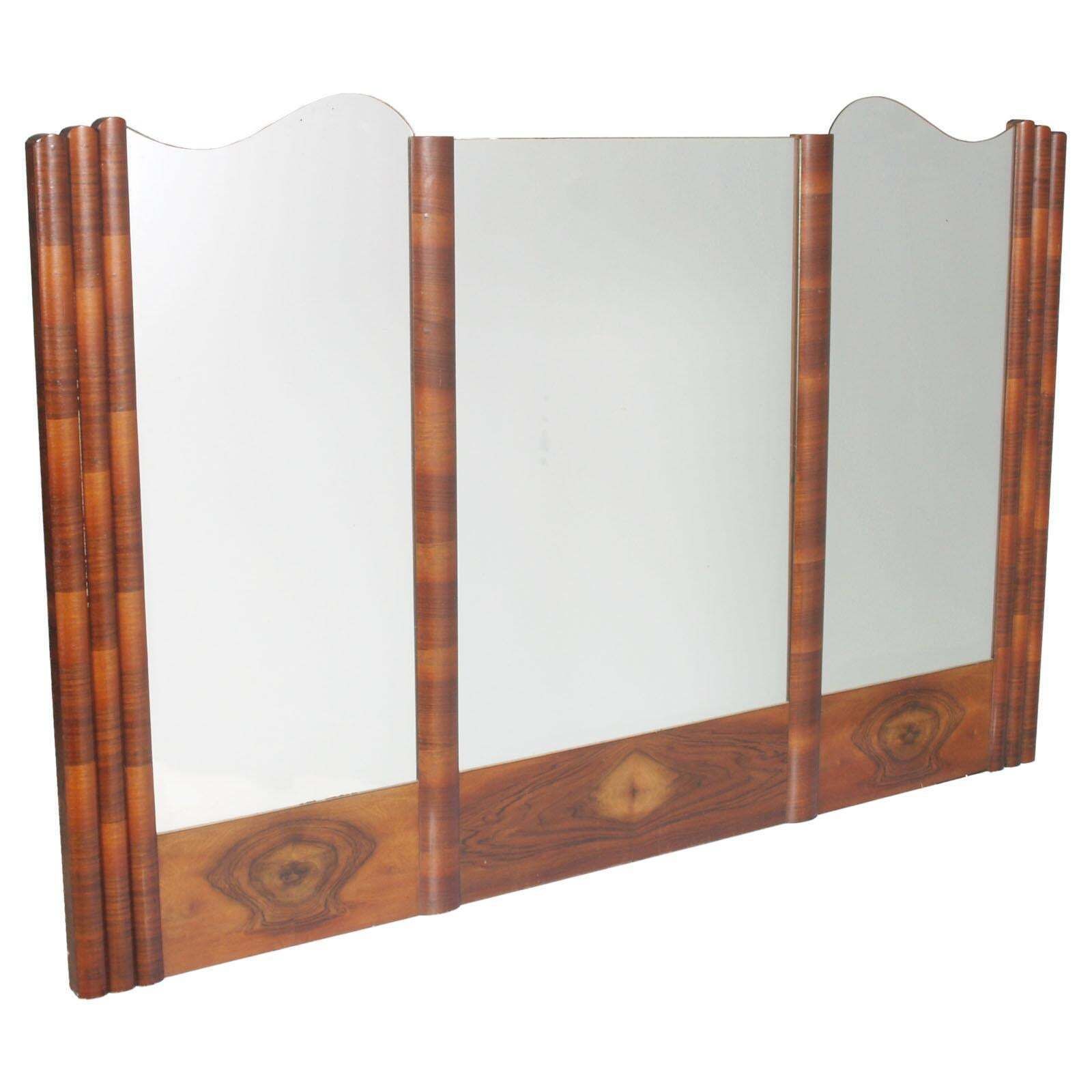Italy Large Wall Mirror Art Deco, Burl Walnut, Excellent Conditions Wax Polished photo furniture