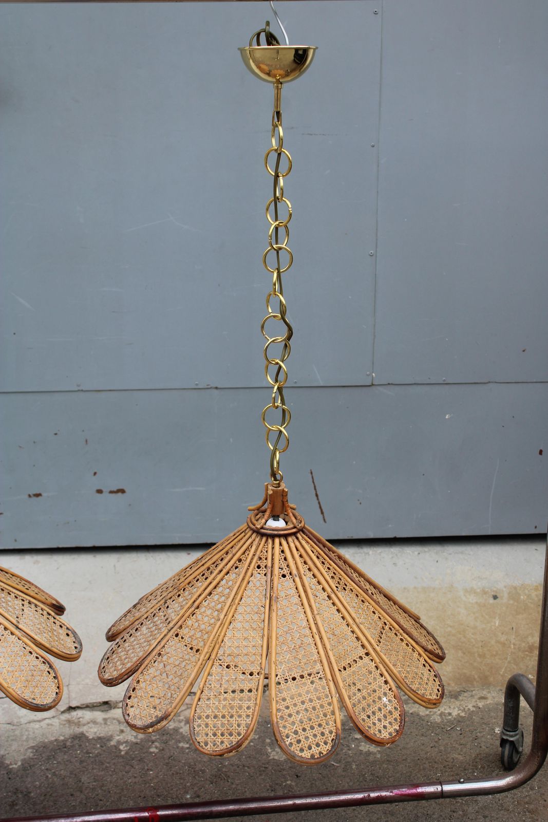 photo for sale Decorative Pair Of Bamboo And Brass Chandeliers Italian Design 1950s