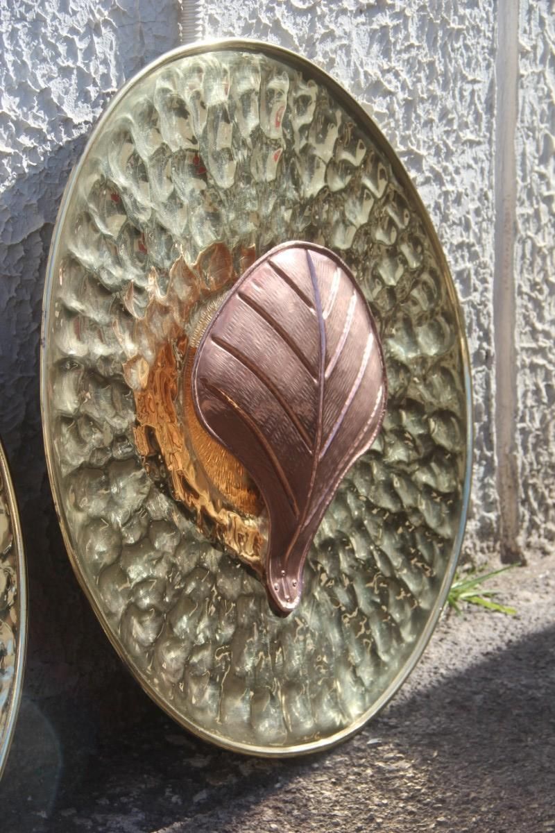 photo vinterior Large Wall Lamps In Martellato Brass And Copper Italy 1970s Crespi Style