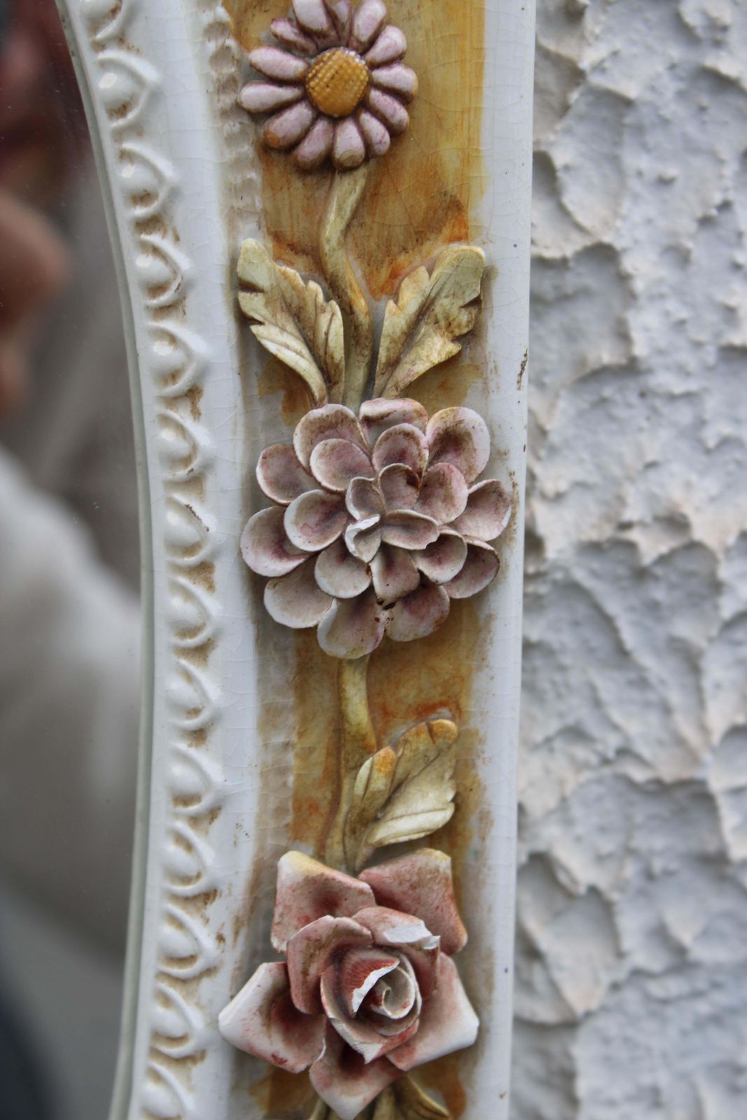 Italian Rococo Style Mirror In 1950s Ceramic White And Yellow photo buy