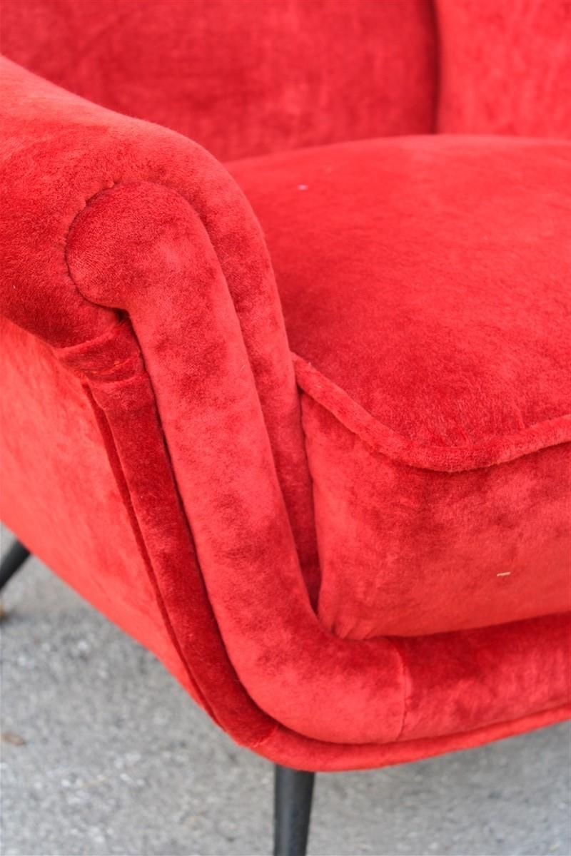 Pair Of Framar 1950s Italy Armchairs Metal And Brass Feet Red Fabric photo vinterior