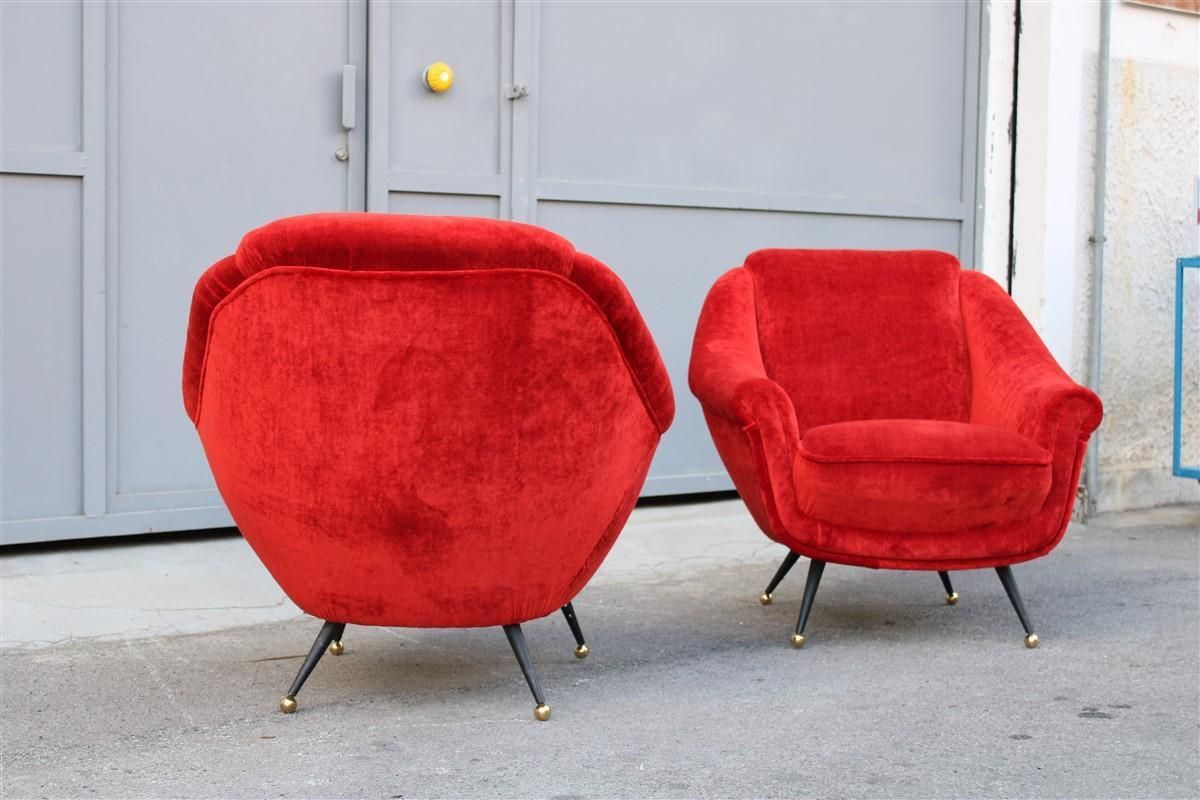 3640.0 Pair Of Framar 1950s Italy Armchairs Metal And Brass Feet Red Fabric photo