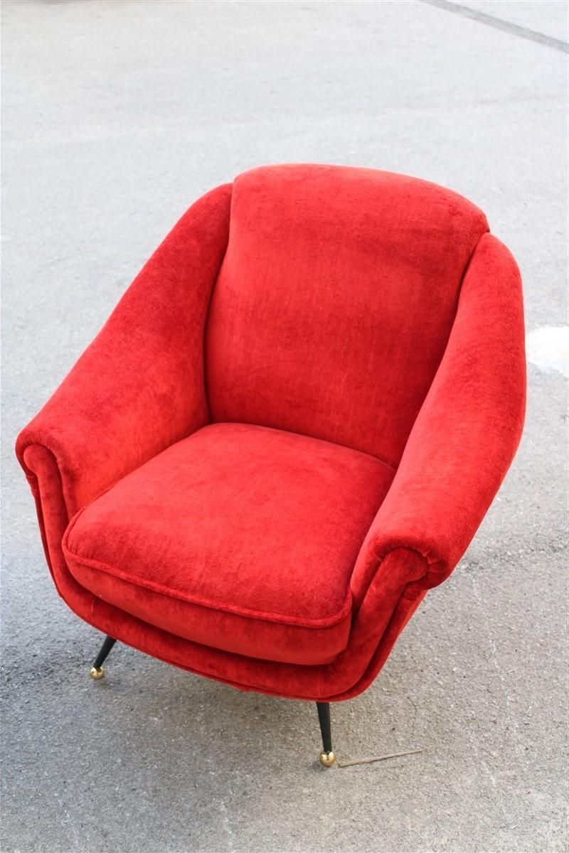 photo vinterior Pair Of Framar 1950s Italy Armchairs Metal And Brass Feet Red Fabric