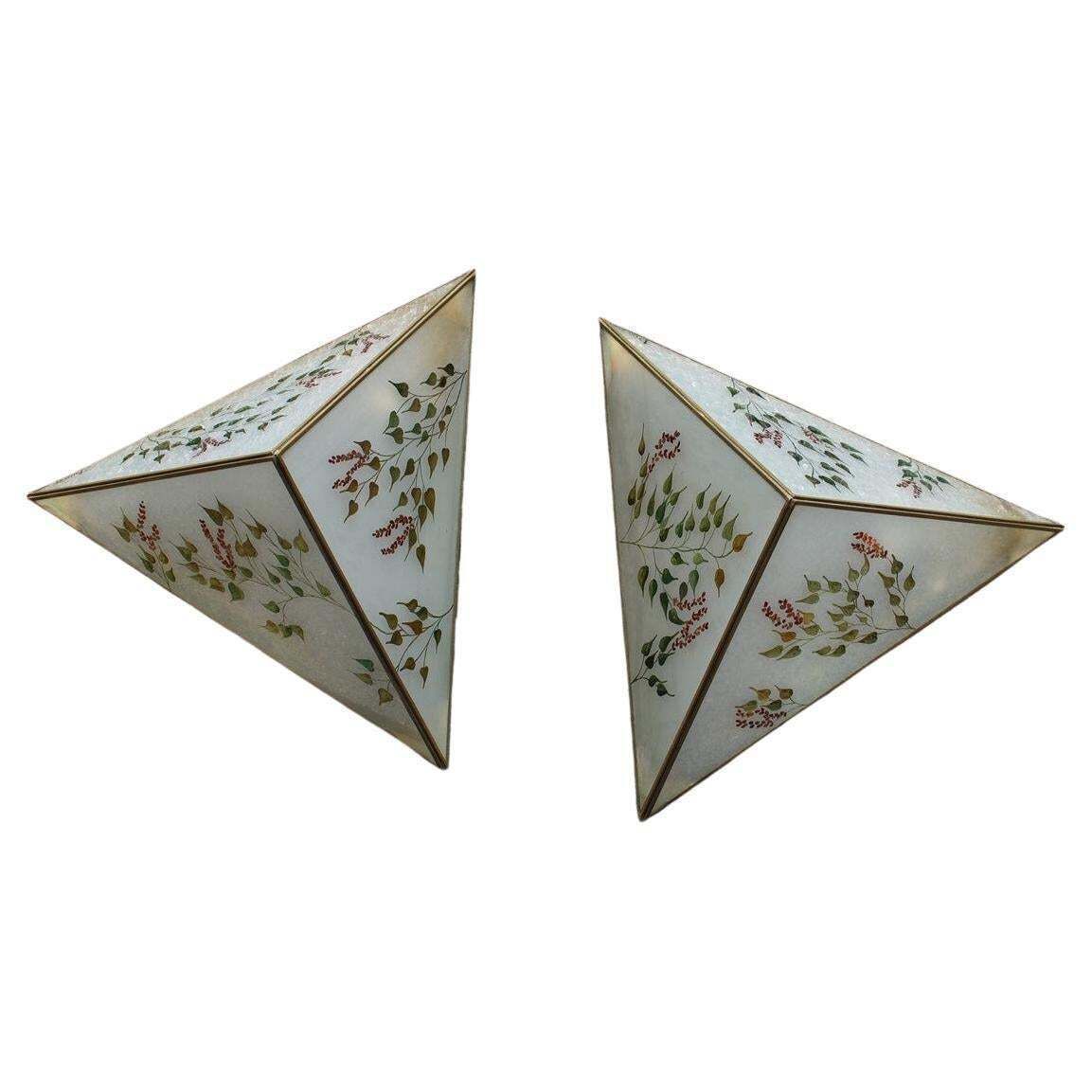 Pair Of Wall Lamps Triangle Design Italian Glass Painted Naturalist