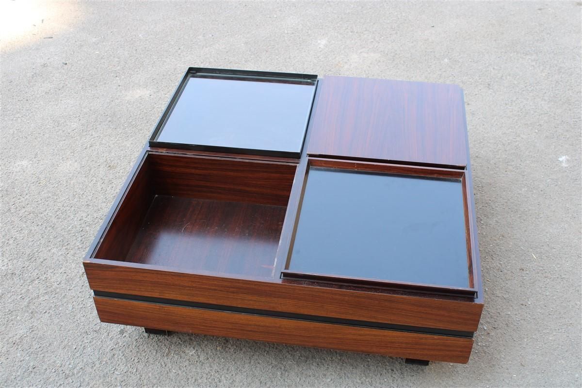 photo vinterior Low Square Wooden Coffee Table With Trays Luigi Sormani 1960 Italy Brass