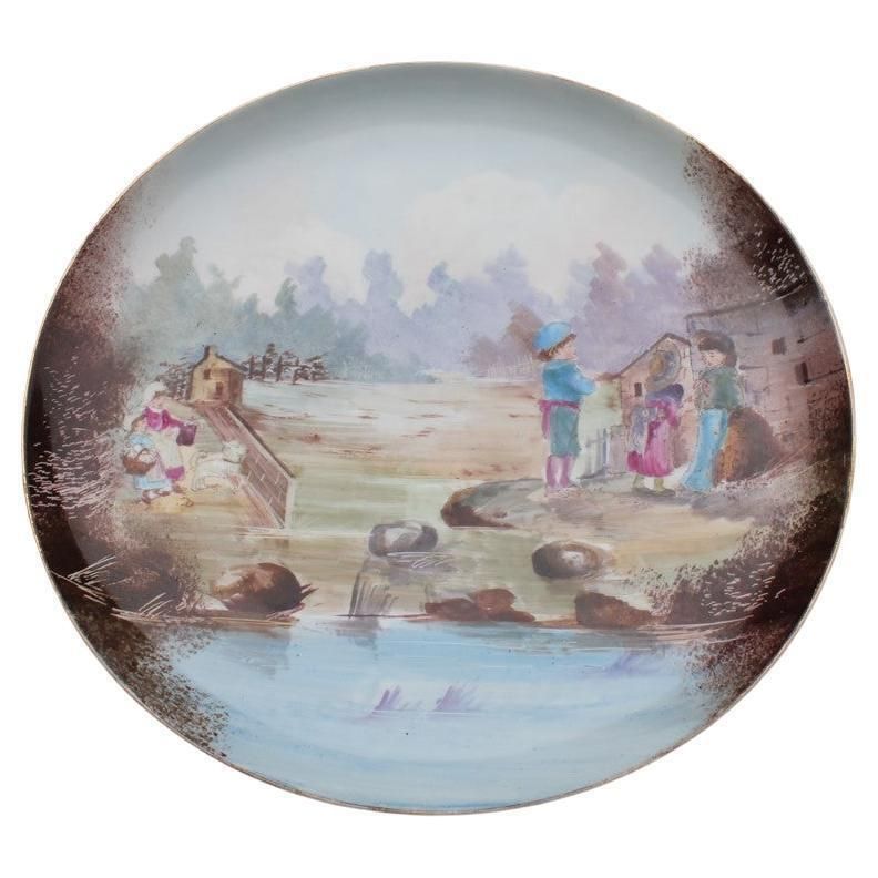 Plate Decorated And Hand Painted 1930 With Children And Countryside Porcelain