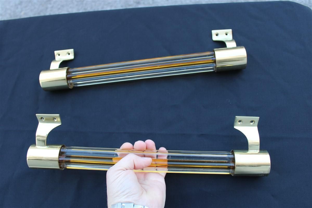 Pair Of Large Venini Style Handles In Murano Glass Torcello Brass 1940s Orange photo vinterior