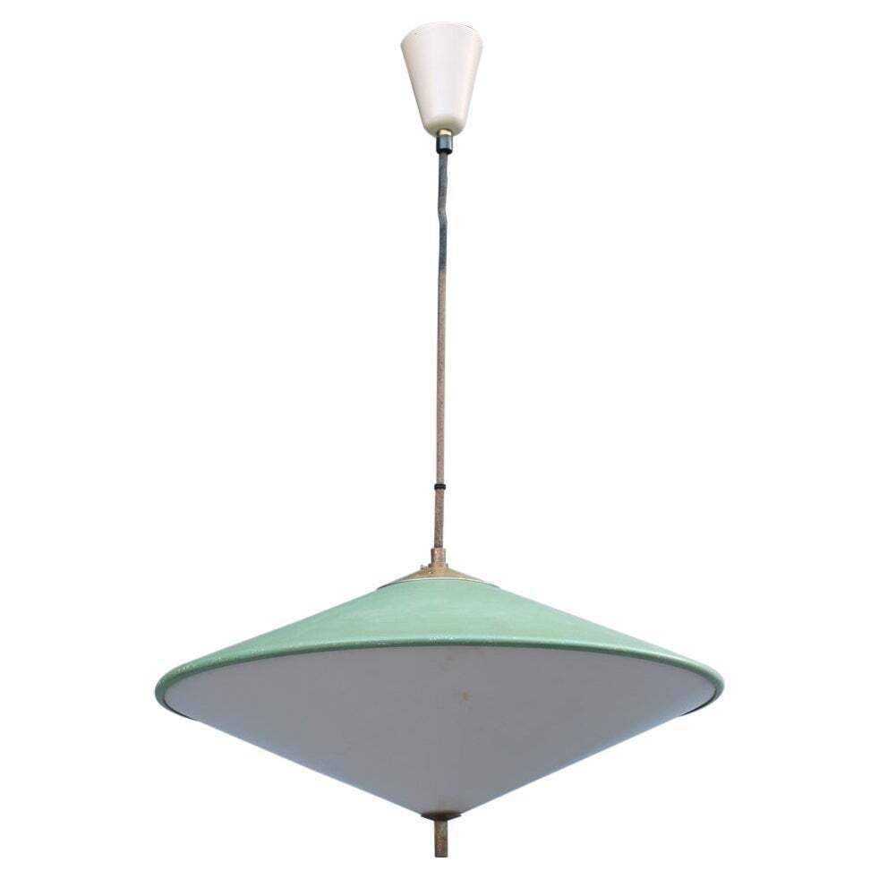 Mid Century Italian Design Chandelier Green Metal Brass Parts 1950s Ufo