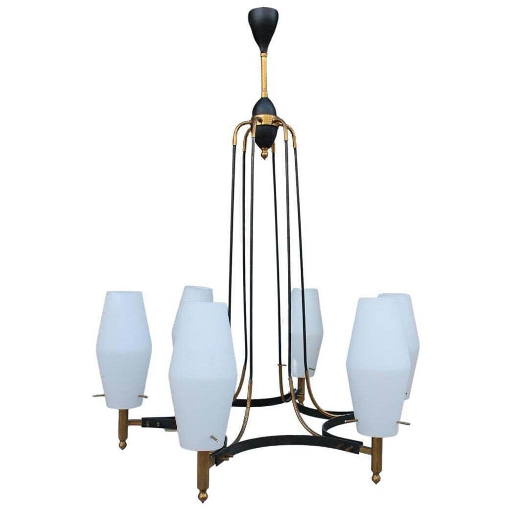 Round Mid Century Italian Stilnovo Style Chandelier Brass Murano Glass 1950