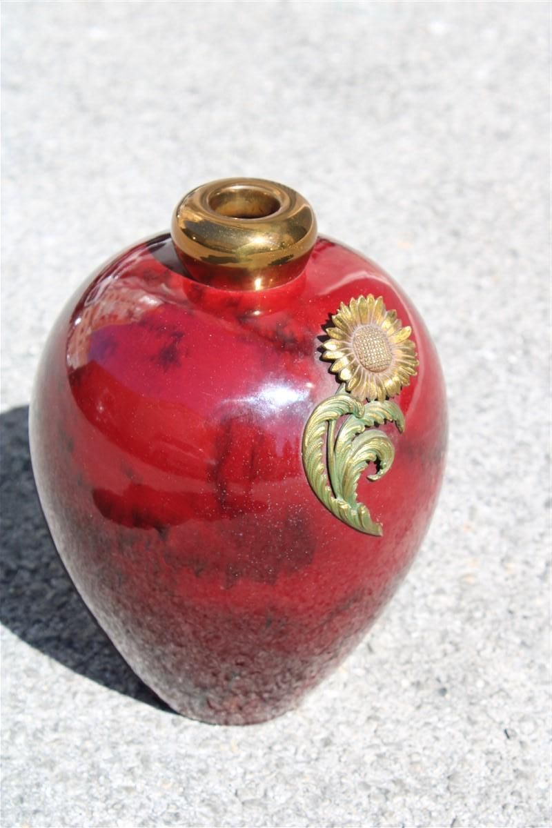 Red Ceramic Vase With Gold And Brass Inserts 1930 Art Decò Italy photo for sale